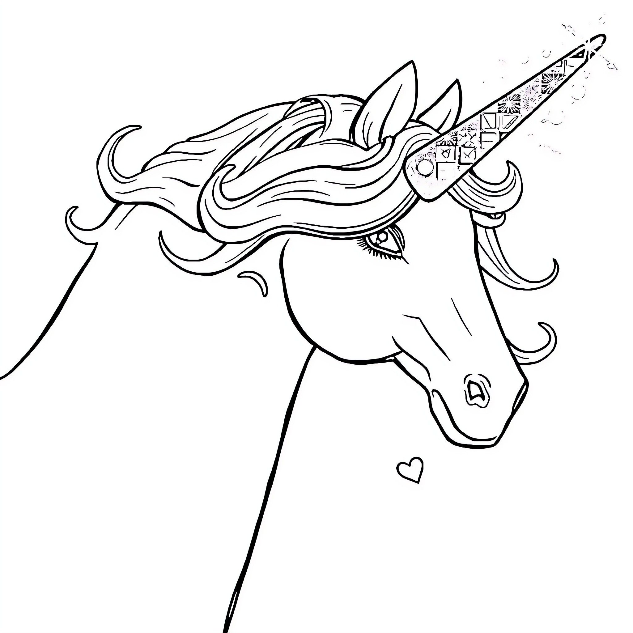 Unicorn with flowing mane and ornate horn Coloring Page (free black-and-white line drawing printable PDF for all, from beginners to advanced learners, including children, teens, adults, and seniors)