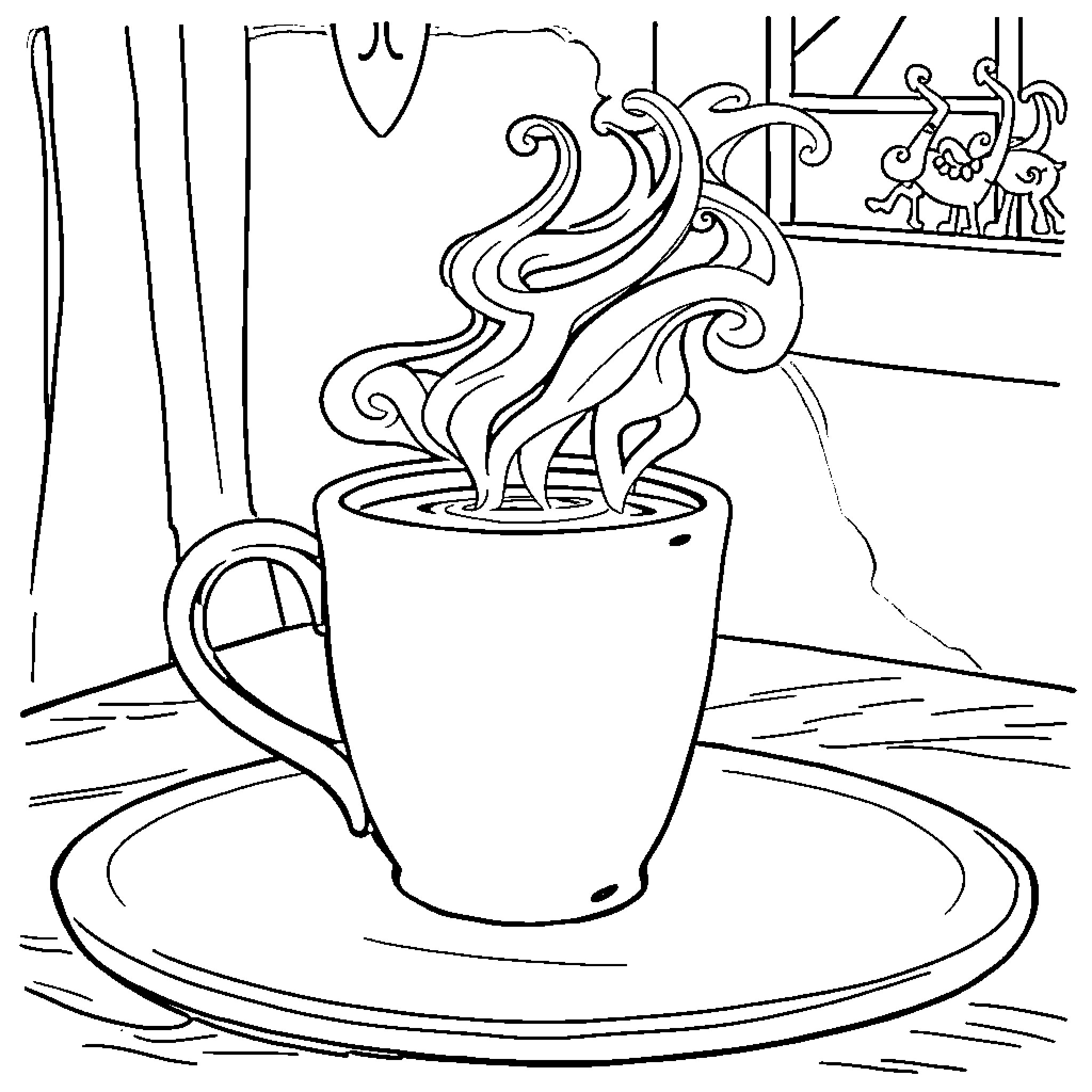 Coffee with intricate steam patterns Coloring Page (free black-and-white line drawing printable PDF for all, from beginners to advanced learners, including children, teens, adults, and seniors)