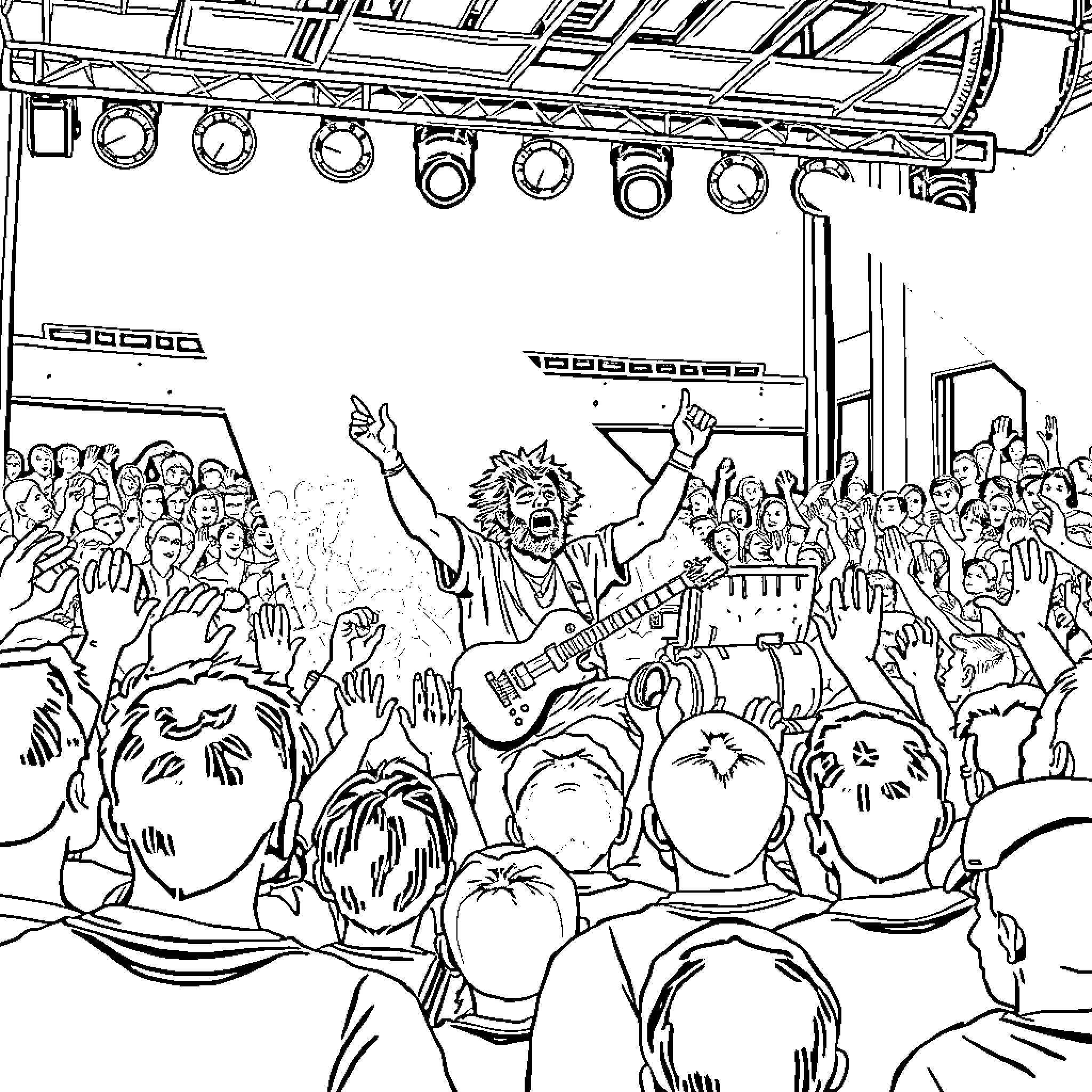 Duki performing energetically for an enthusiastic crowd Coloring Page (free black-and-white line drawing printable PDF for all, from beginners to advanced learners, including children, teens, adults, and seniors)