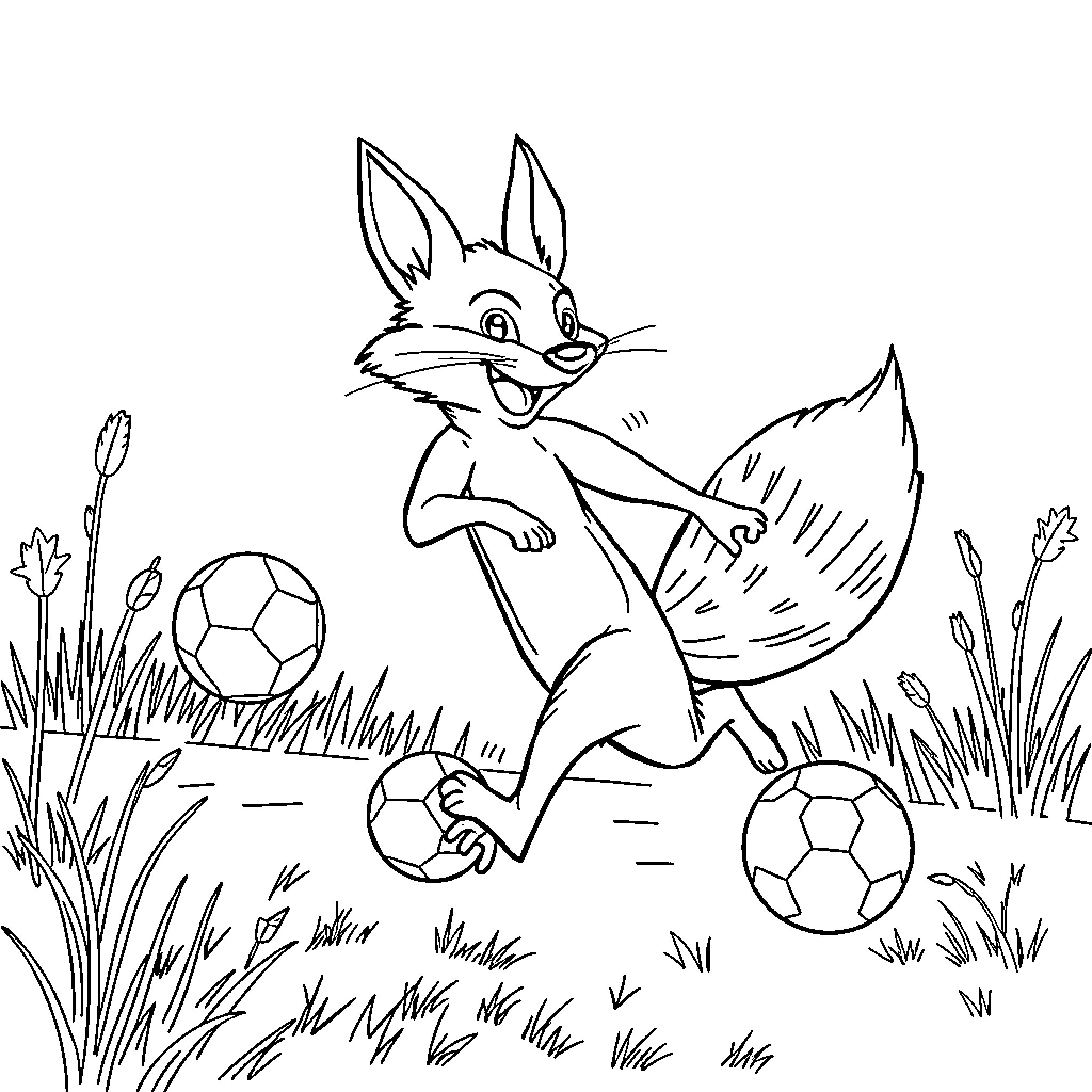 Fox kicking soccer balls playfully in the grass Coloring Page (free black-and-white line drawing printable PDF for all, from beginners to advanced learners, including children, teens, adults, and seniors)