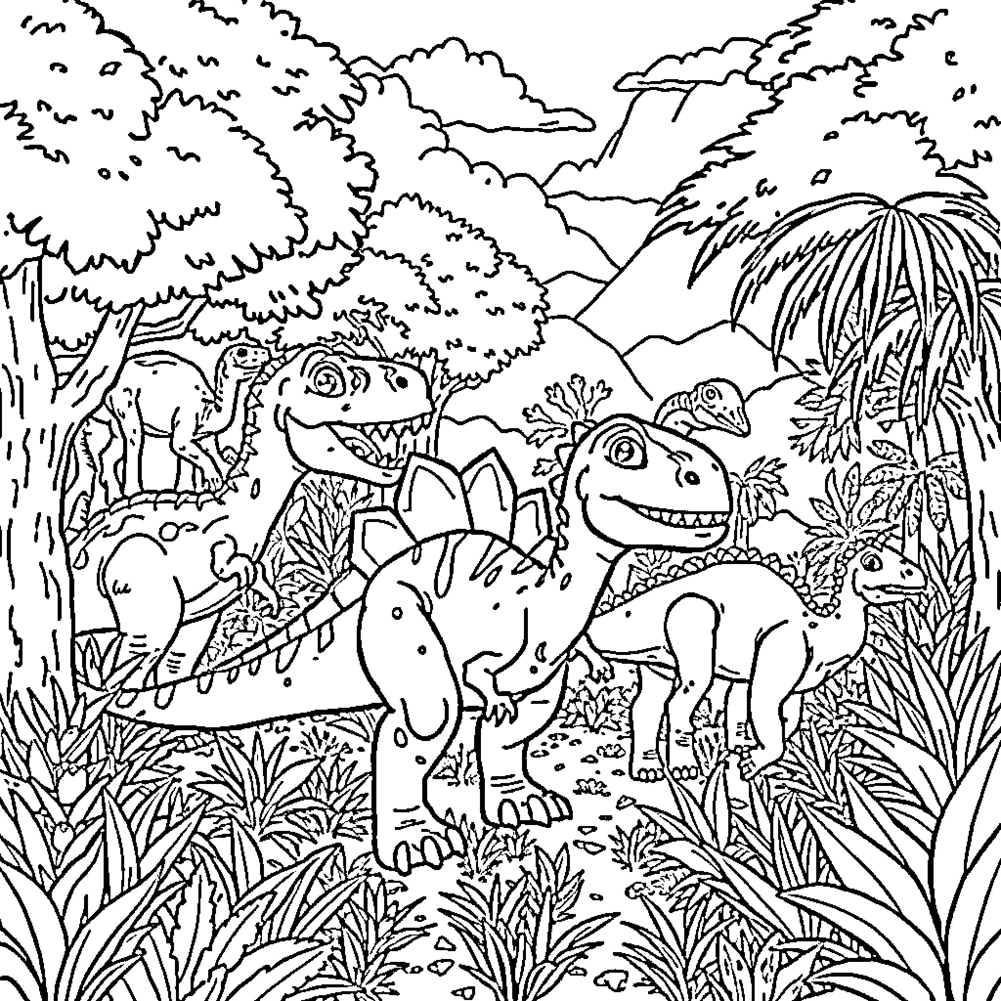 Dinosaurs in a Lush Prehistoric Landscape Coloring Page (free black-and-white line drawing printable PDF for all, from beginners to advanced learners, including children, teens, adults, and seniors)