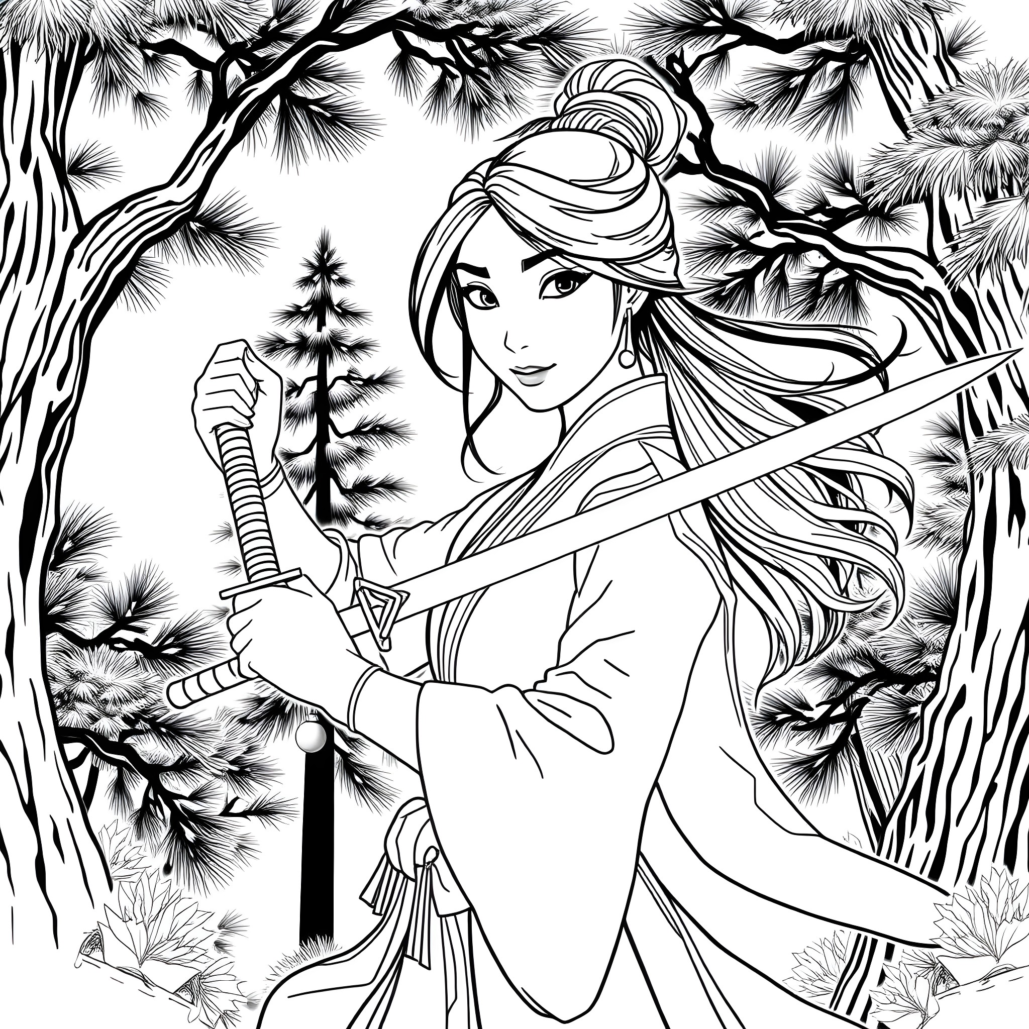 Mulan's Warrior Spirit in the Wilderness Coloring Page (free black-and-white line drawing printable PDF for all, from beginners to advanced learners, including children, teens, adults, and seniors)