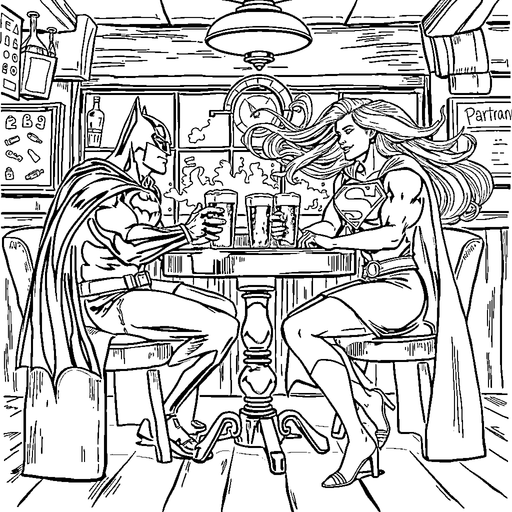 Batman and Supergirl discuss crime-fighting over drinks Coloring Page (free black-and-white line drawing printable PDF for all, from beginners to advanced learners, including children, teens, adults, and seniors)