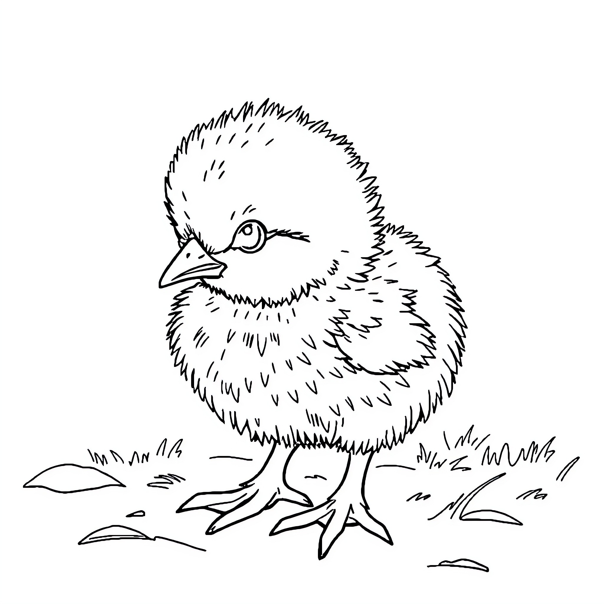 Chick exploring its new surroundings Coloring Page (free black-and-white line drawing printable PDF for all, from beginners to advanced learners, including children, teens, adults, and seniors)