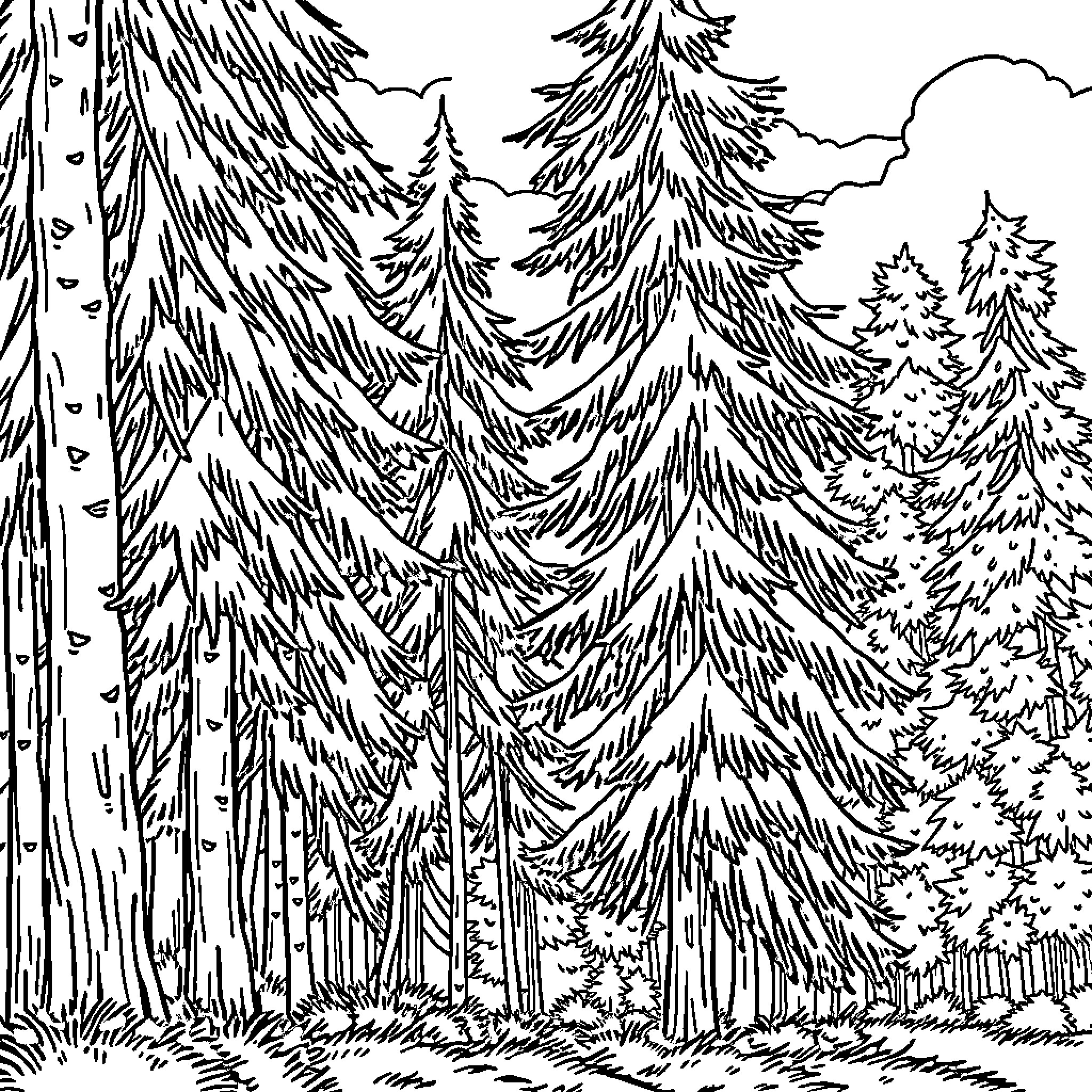 Trees in a Serene Forest Coloring Page (free black-and-white line drawing printable PDF for all, from beginners to advanced learners, including children, teens, adults, and seniors)