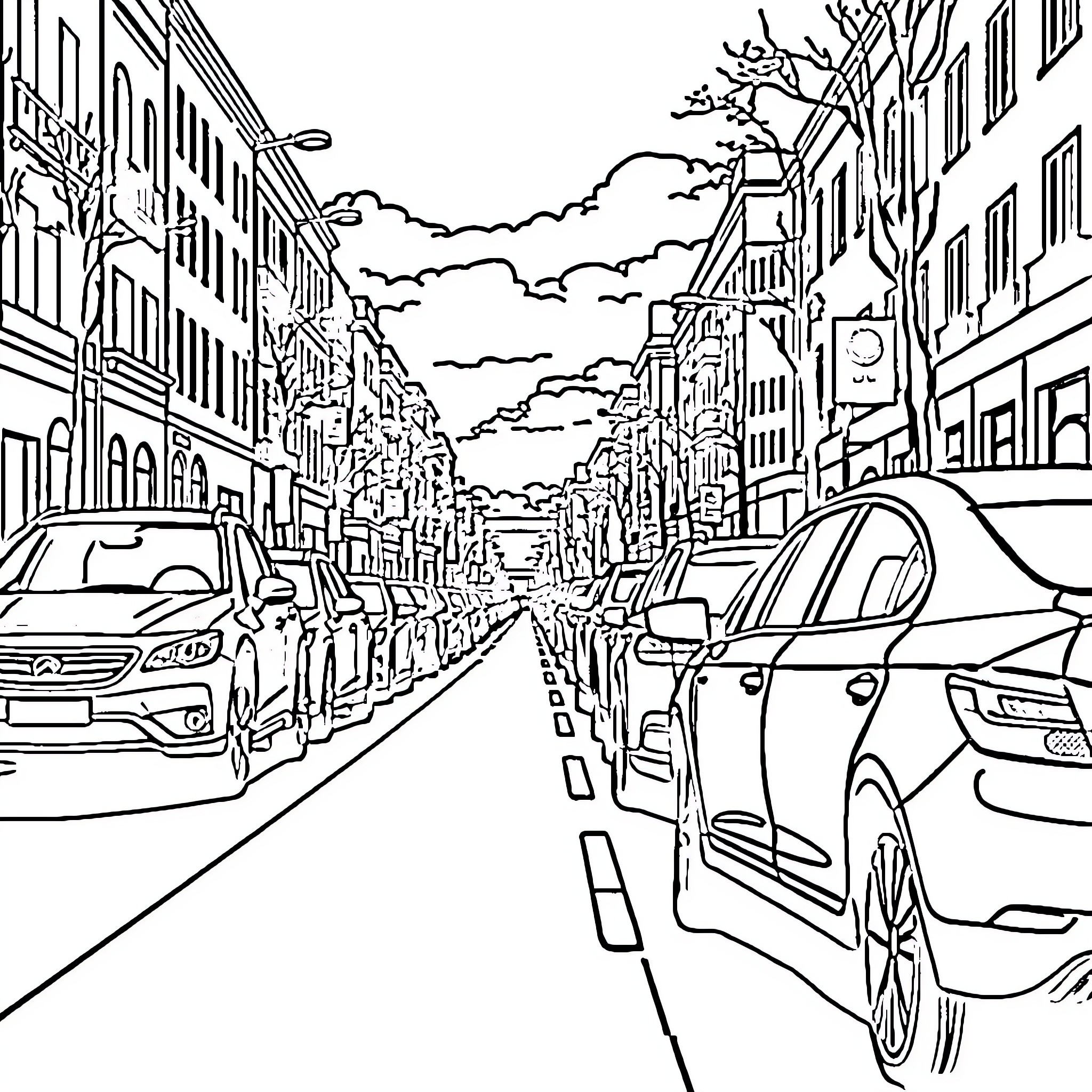Car Traffic in Busy City Street Scene Coloring Page (free black-and-white line drawing printable PDF for all, from beginners to advanced learners, including children, teens, adults, and seniors)