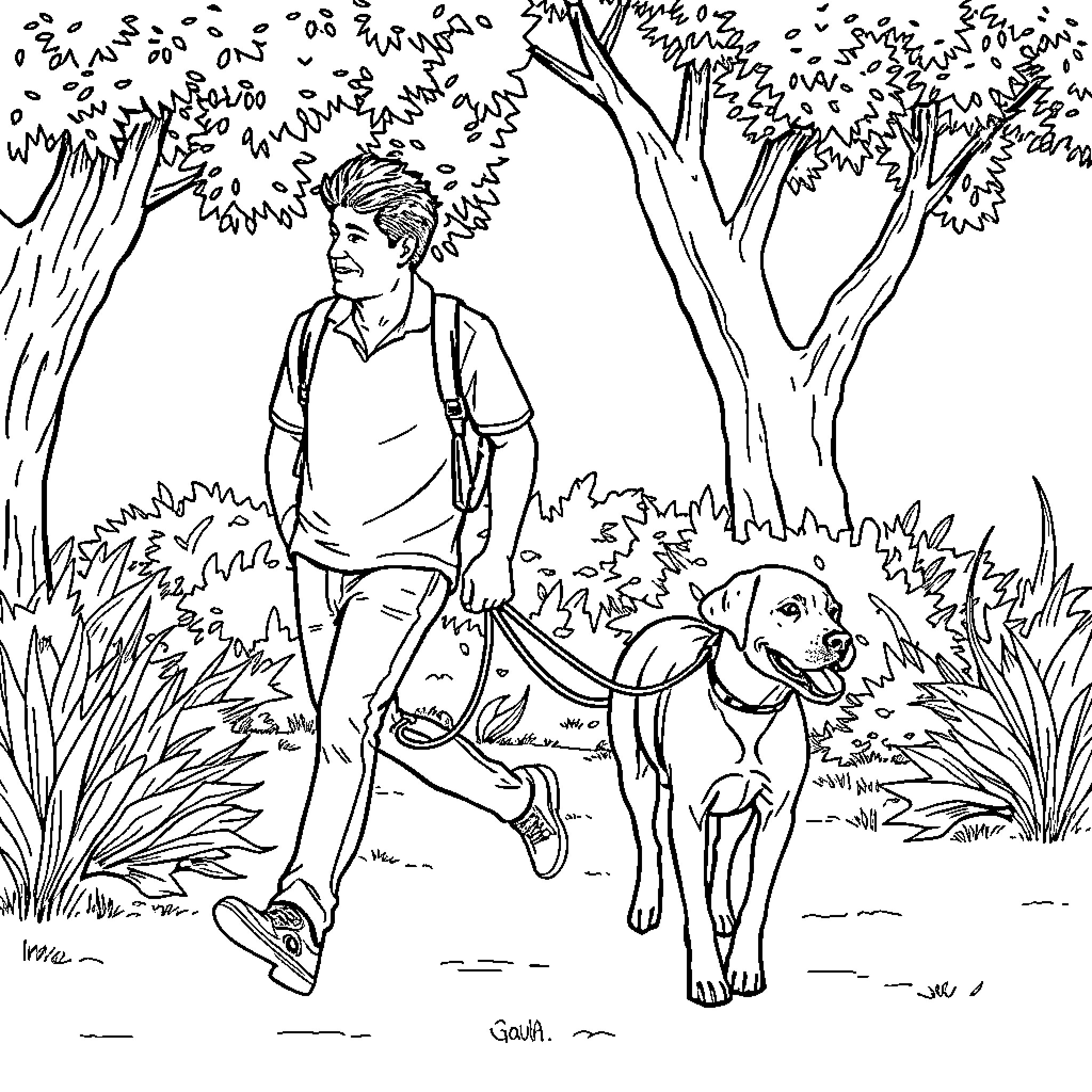 Man walking his dog in the woods Coloring Page (free black-and-white line drawing printable PDF for all, from beginners to advanced learners, including children, teens, adults, and seniors)