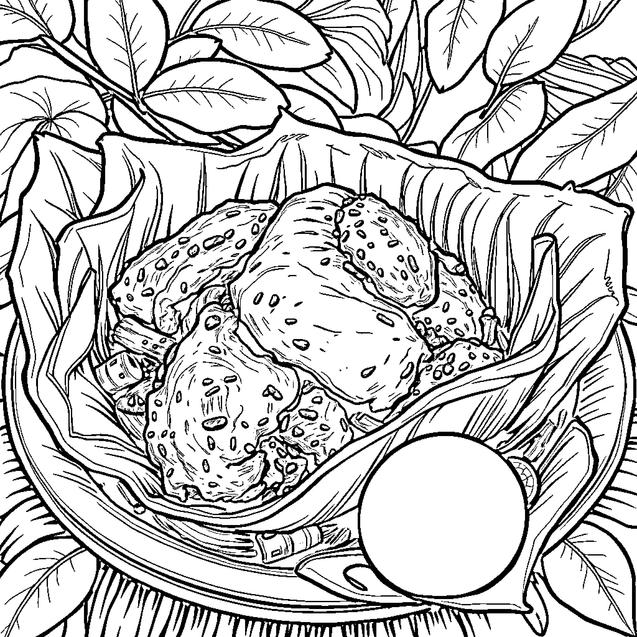 Pibil dish with tropical foliage Coloring Page (free black-and-white line drawing printable PDF for all, from beginners to advanced learners, including children, teens, adults, and seniors)