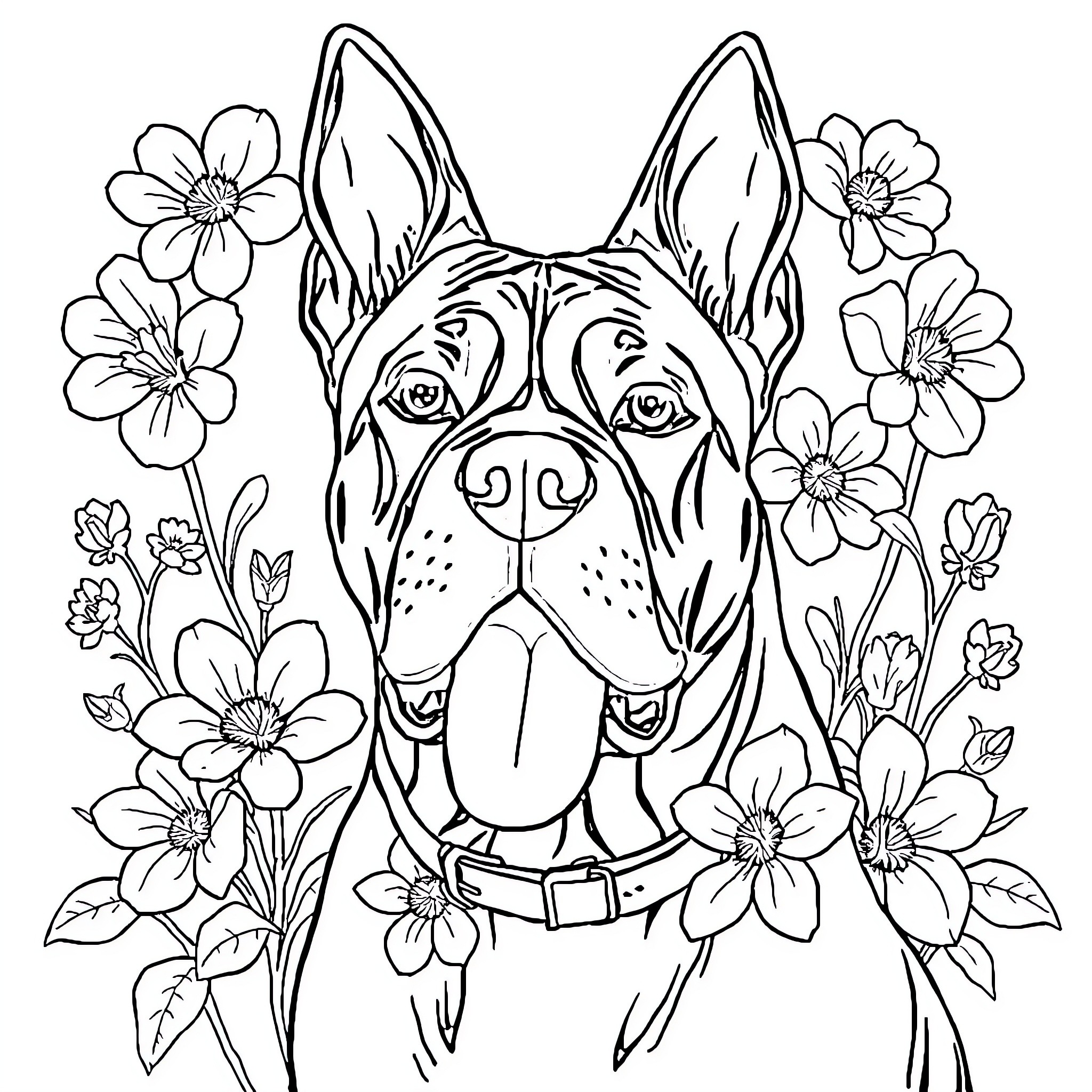 Cane Corso surrounded by vibrant flowers Coloring Page (free black-and-white line drawing printable PDF for all, from beginners to advanced learners, including children, teens, adults, and seniors)