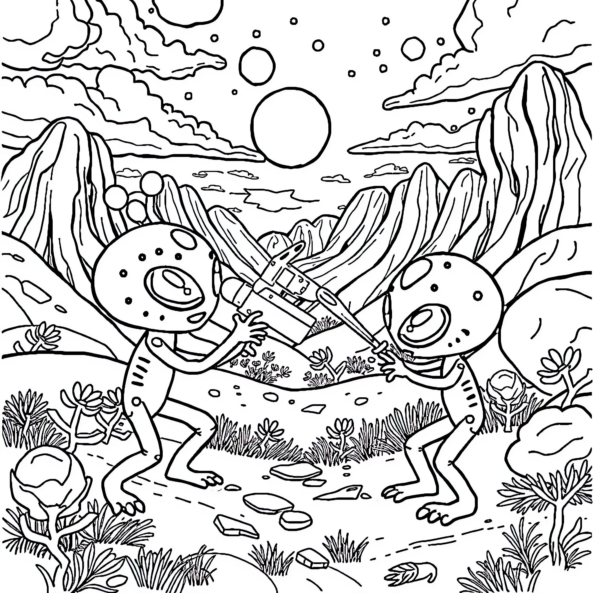 Alien Musicians Performing in Extraterrestrial Landscape Coloring Page (free black-and-white line drawing printable PDF for all, from beginners to advanced learners, including children, teens, adults, and seniors)