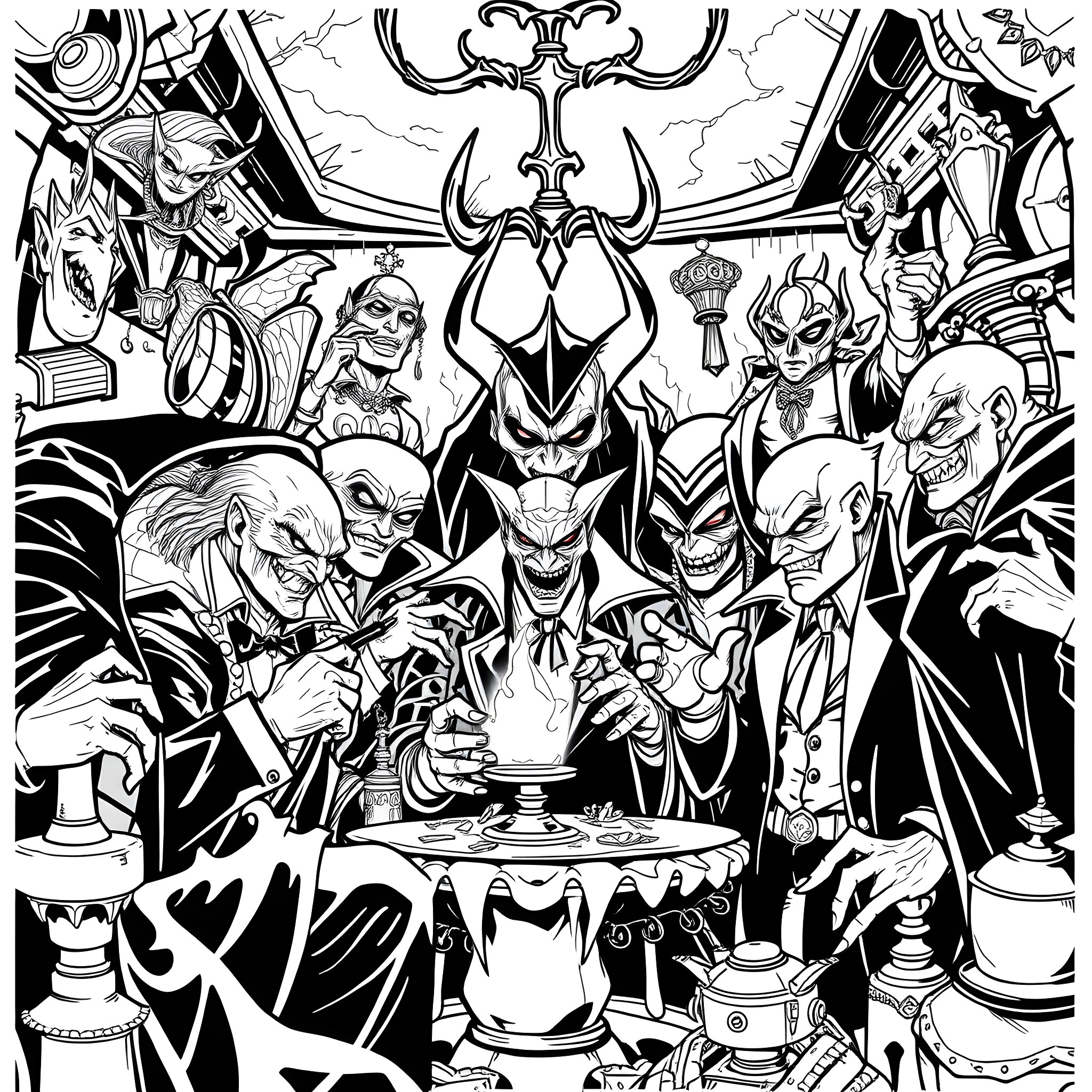 Character Battle of Villainous Figures in Dramatic Scene Coloring Page (free black-and-white line drawing printable PDF for all, from beginners to advanced learners, including children, teens, adults, and seniors)