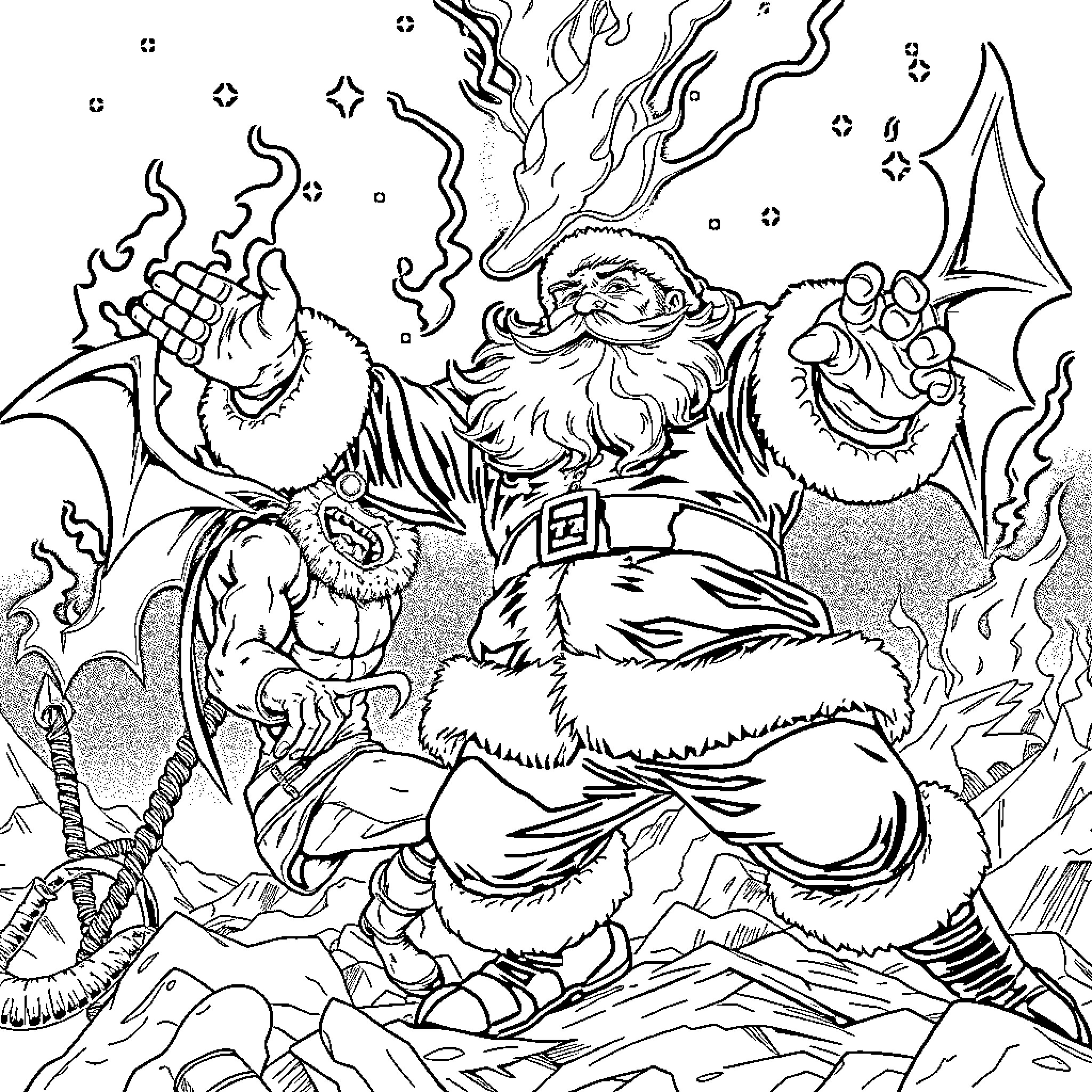 Santa's Wintry Adventure Coloring Page (free black-and-white line drawing printable PDF for all, from beginners to advanced learners, including children, teens, adults, and seniors)
