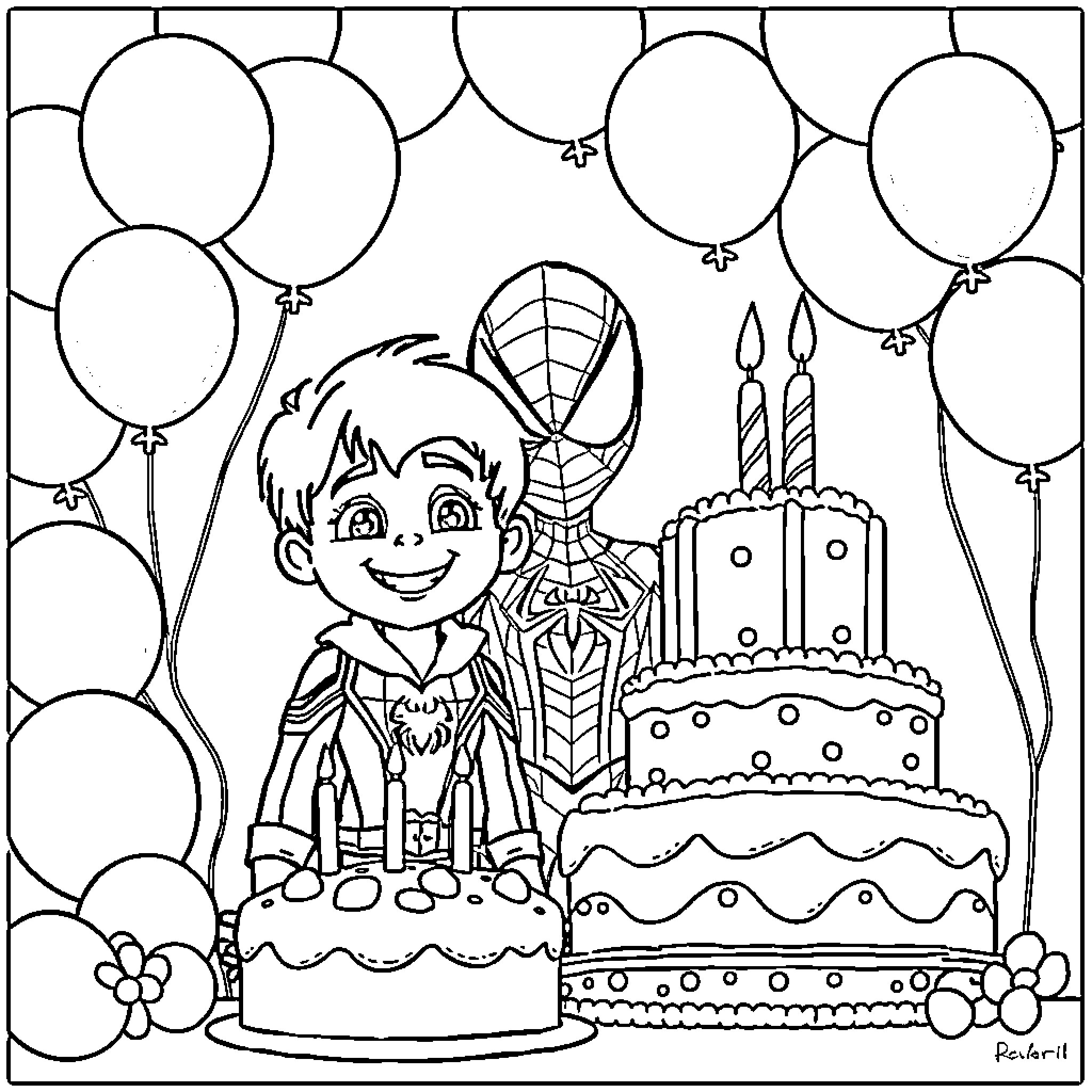 Spiderman's Birthday Party with Balloons and Cake Coloring Page (free black-and-white line drawing printable PDF for all, from beginners to advanced learners, including children, teens, adults, and seniors)