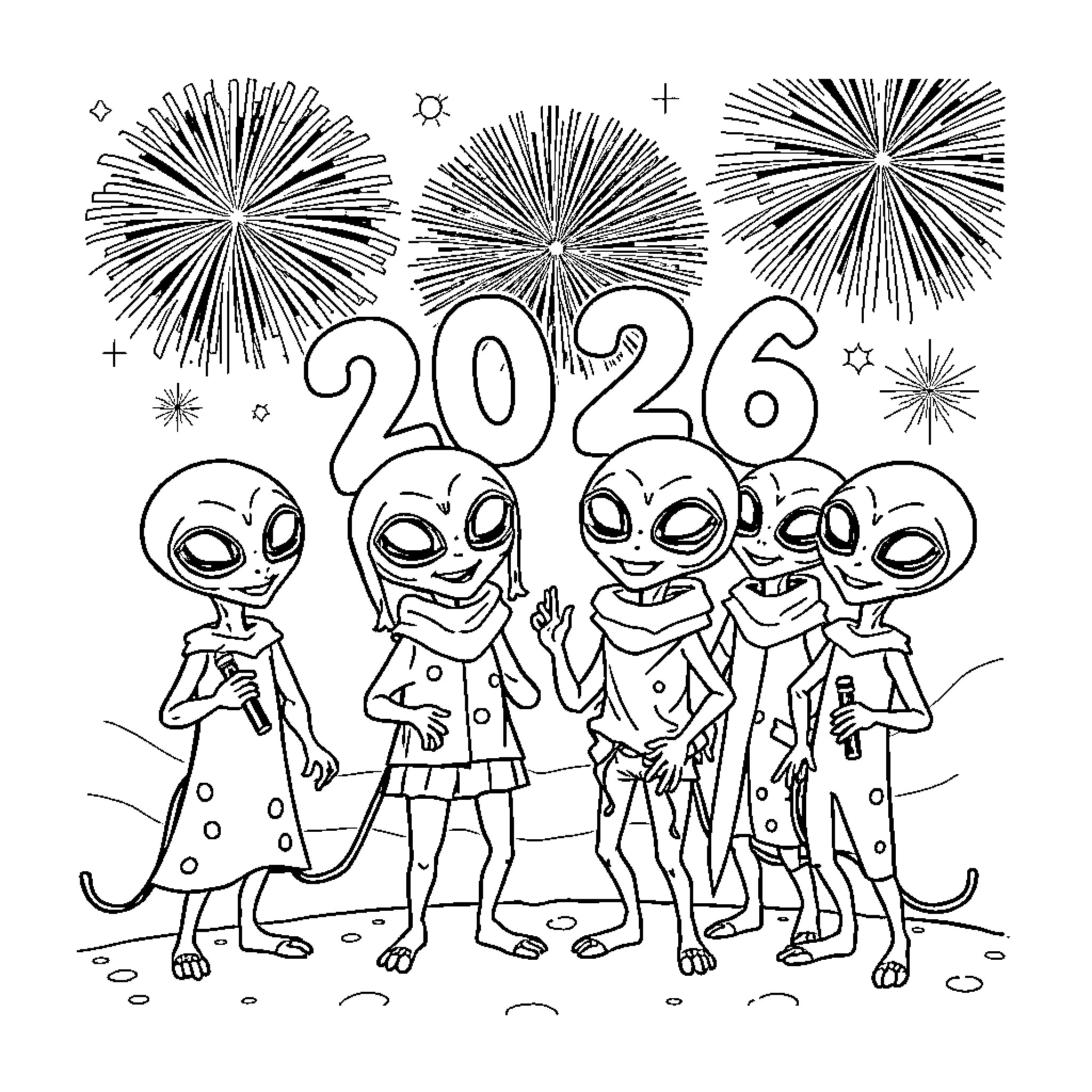 Alien beings celebrating the New Year 2026 with fireworks Coloring Page (free black-and-white line drawing printable PDF for all, from beginners to advanced learners, including children, teens, adults, and seniors)