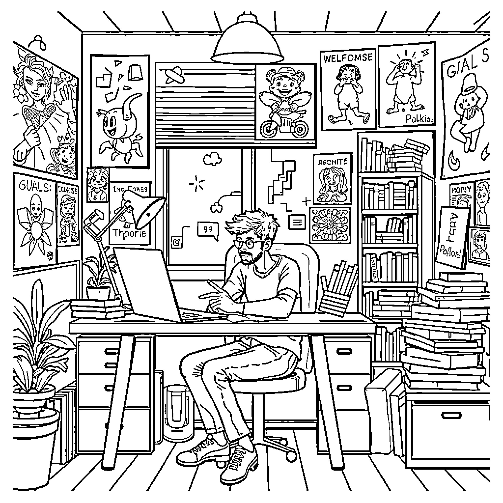 Manav's Vibrant Studio Workspace Coloring Page (free black-and-white line drawing printable PDF for all, from beginners to advanced learners, including children, teens, adults, and seniors)