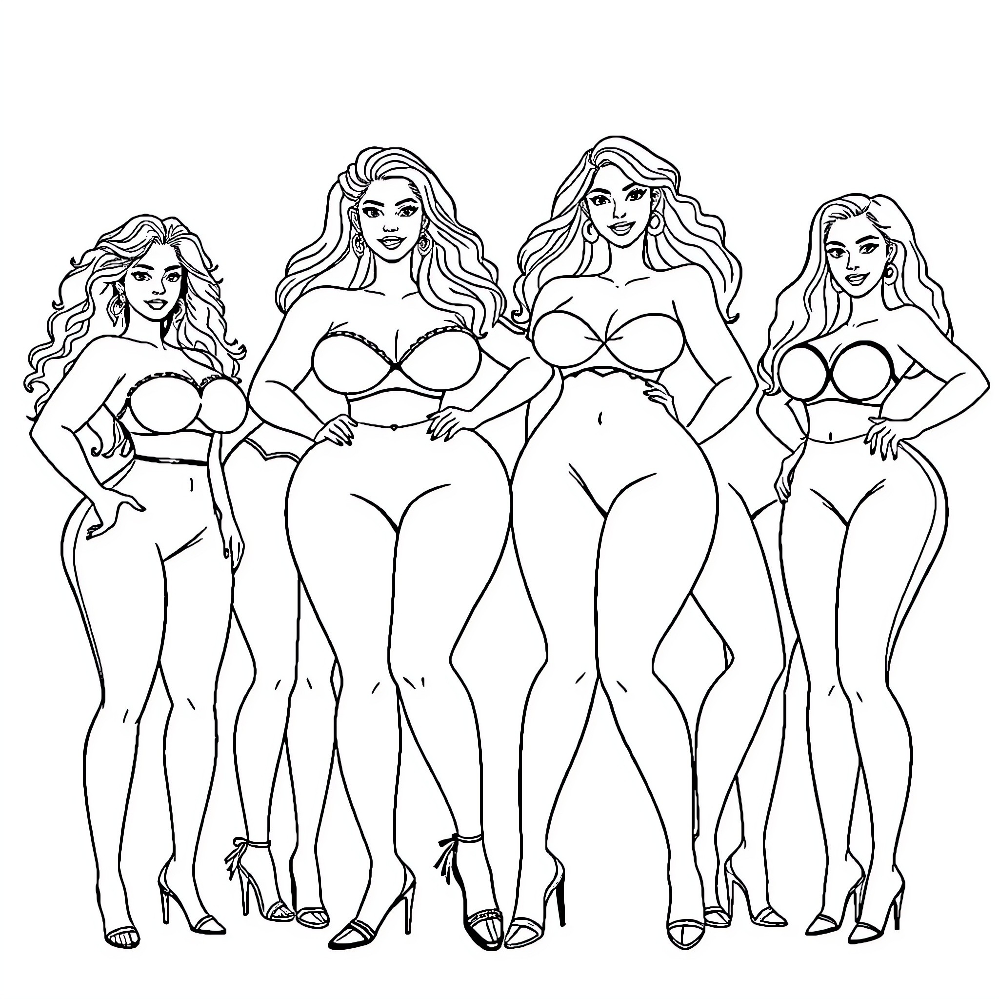 Latina Women Posing Confidently in Fashionable Attire Coloring Page (free black-and-white line drawing printable PDF for all, from beginners to advanced learners, including children, teens, adults, and seniors)