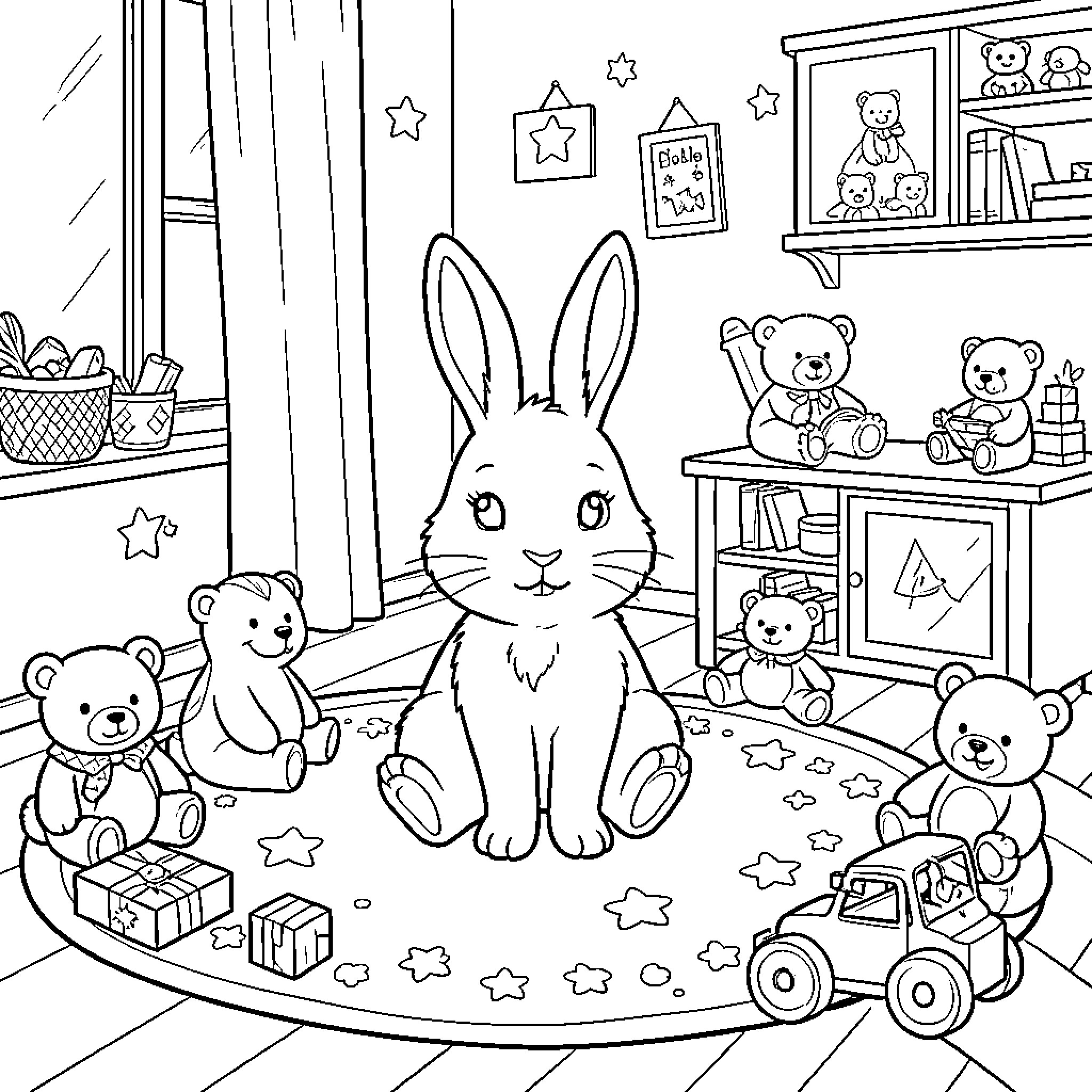 Rabbit sitting among teddy bears in a playroom Coloring Page (free black-and-white line drawing printable PDF for all, from beginners to advanced learners, including children, teens, adults, and seniors)