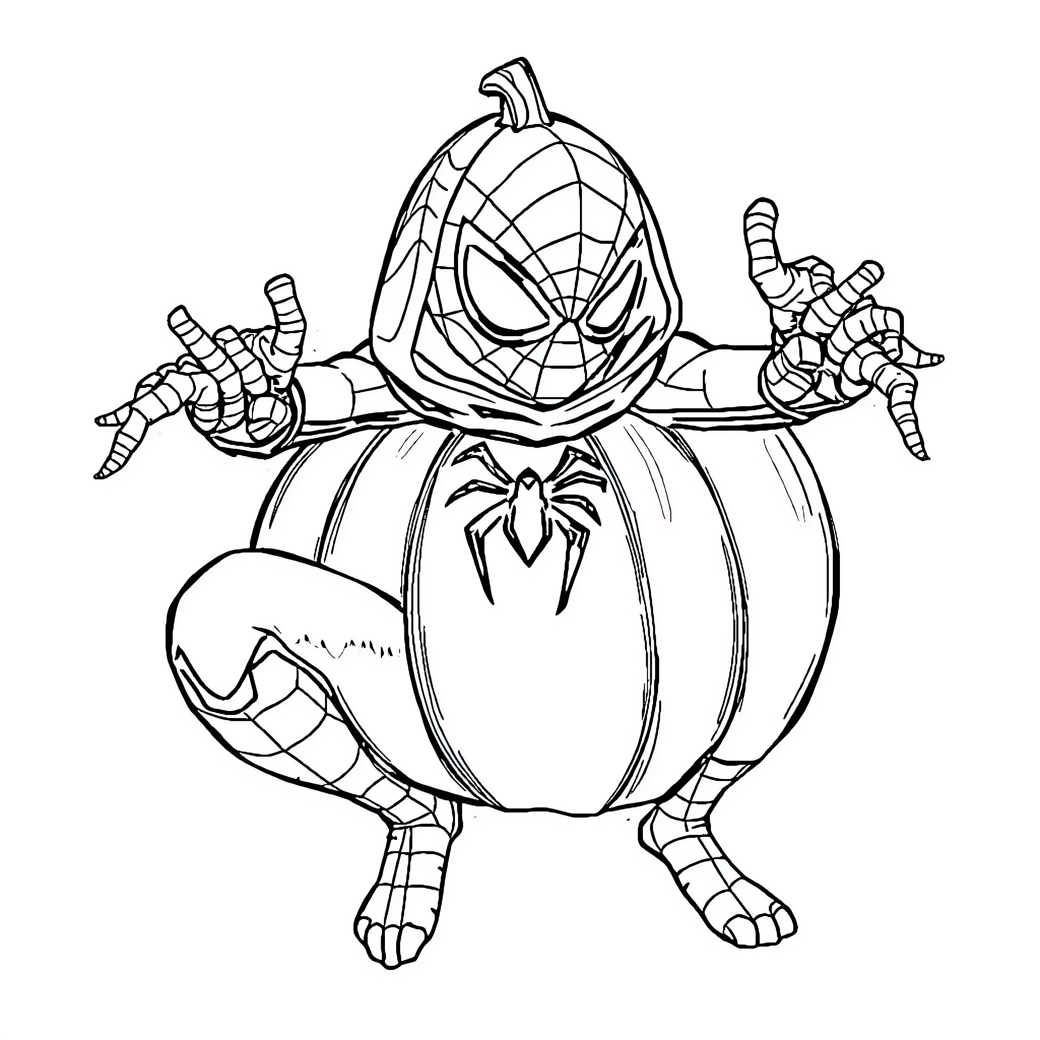 Pumpkin Spider-Man posing heroically in action Coloring Page (free black-and-white line drawing printable PDF for all, from beginners to advanced learners, including children, teens, adults, and seniors)