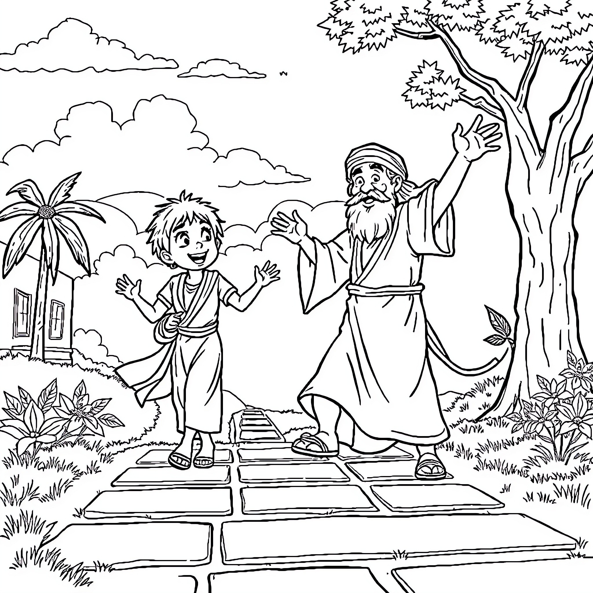Rumi and the Spiritual Mentor in a Serene Landscape Coloring Page (free black-and-white line drawing printable PDF for all, from beginners to advanced learners, including children, teens, adults, and seniors)