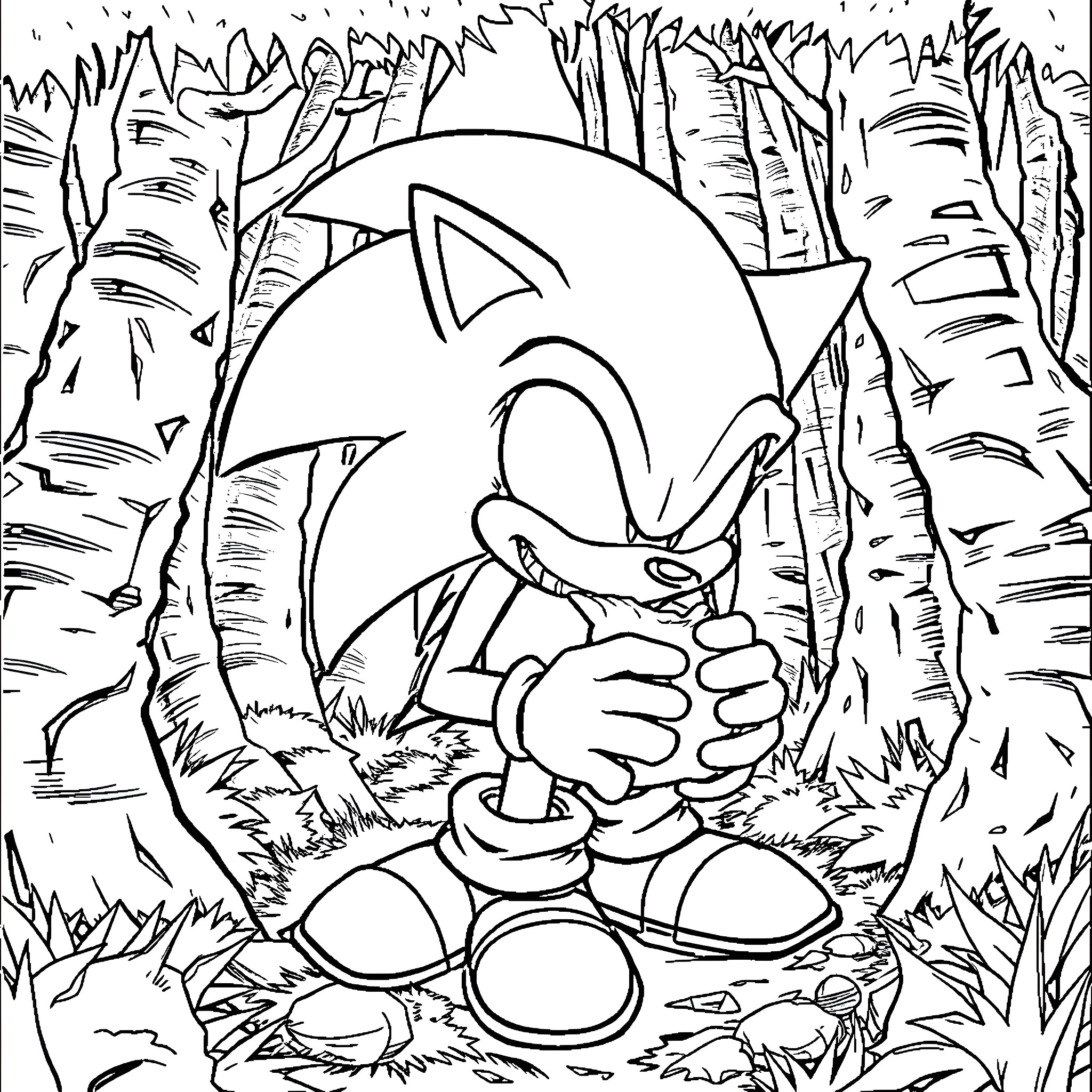 Sonic exploring the enchanted forest Coloring Page (free black-and-white line drawing printable PDF for all, from beginners to advanced learners, including children, teens, adults, and seniors)