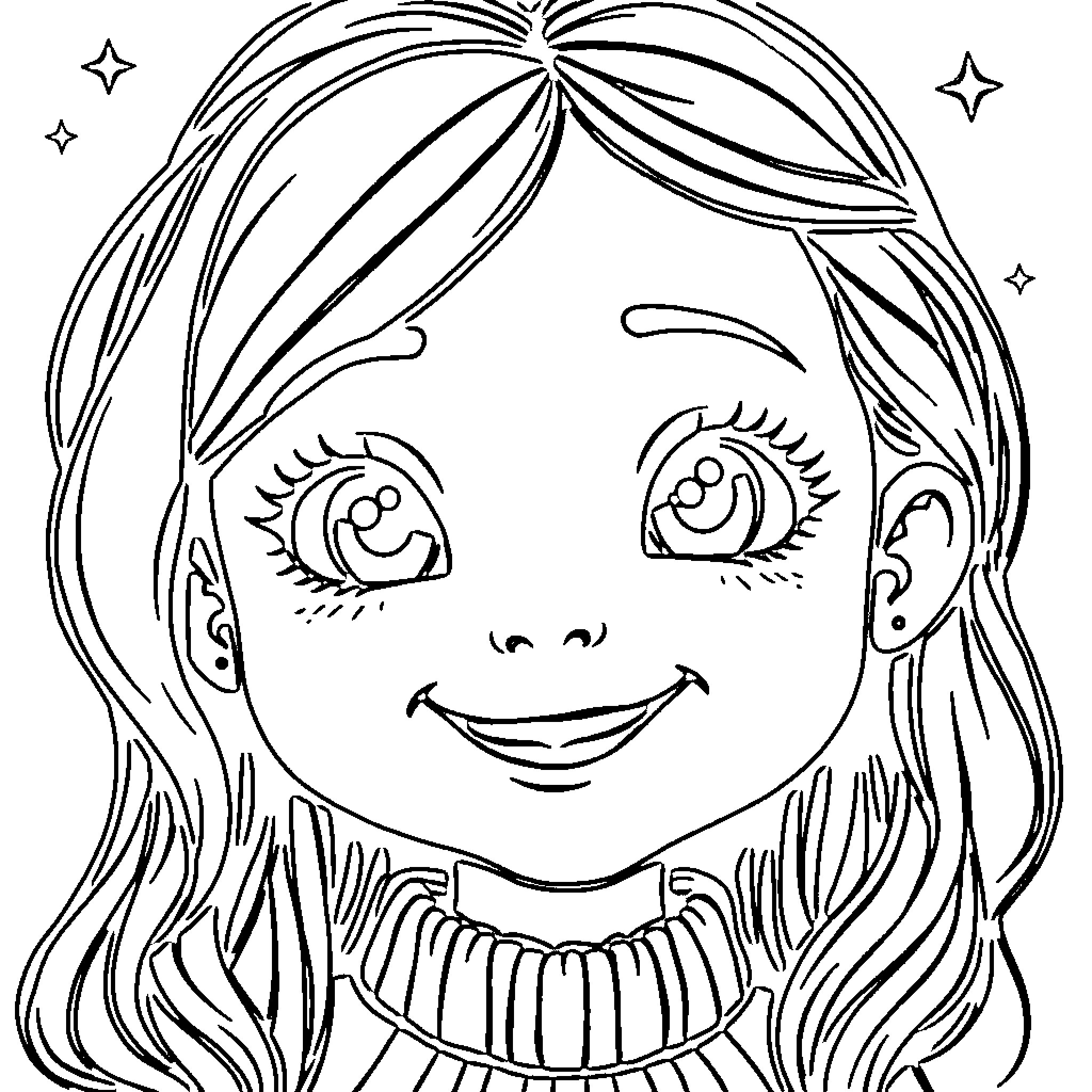 Girl with Smiling Face and Long Hair Coloring Page (free black-and-white line drawing printable PDF for all, from beginners to advanced learners, including children, teens, adults, and seniors)