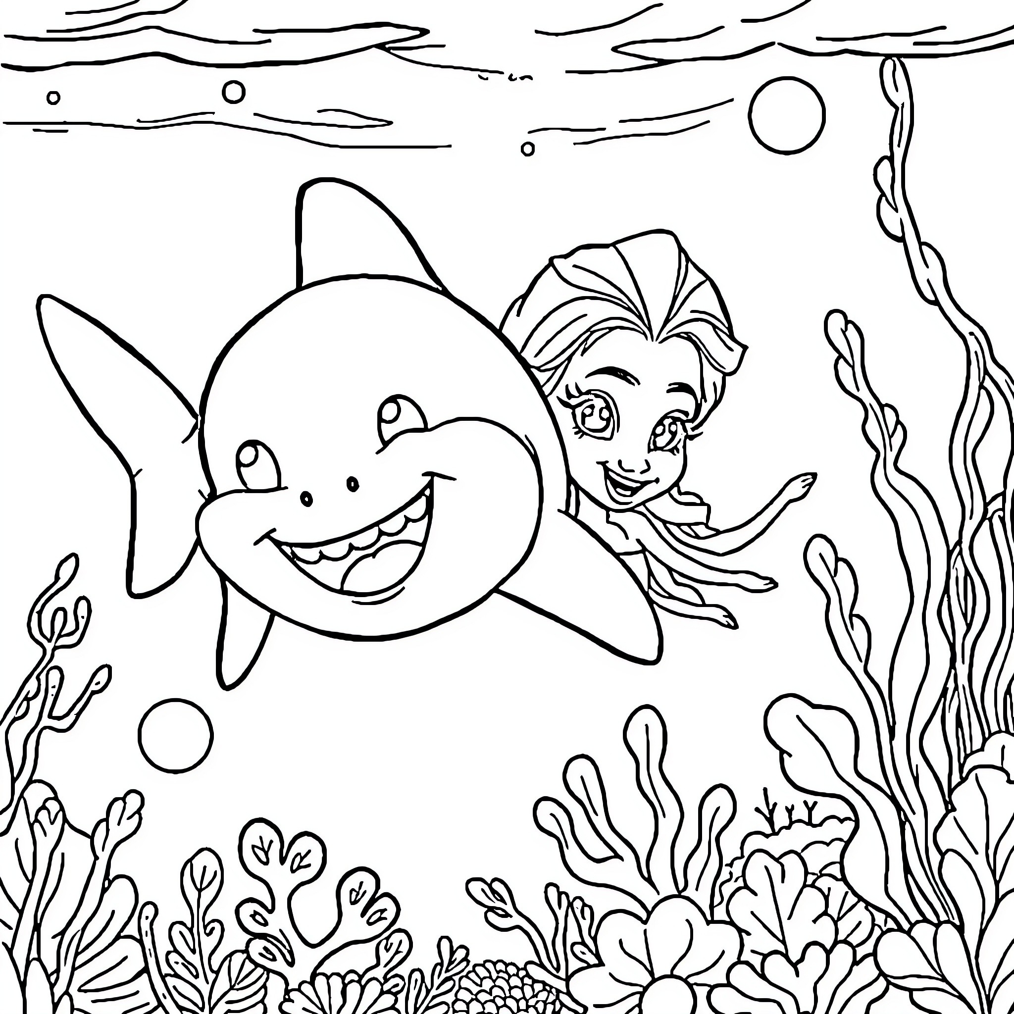 Baby Shark Swimming with Mermaid Underwater Coloring Page (free black-and-white line drawing printable PDF for all, from beginners to advanced learners, including children, teens, adults, and seniors)