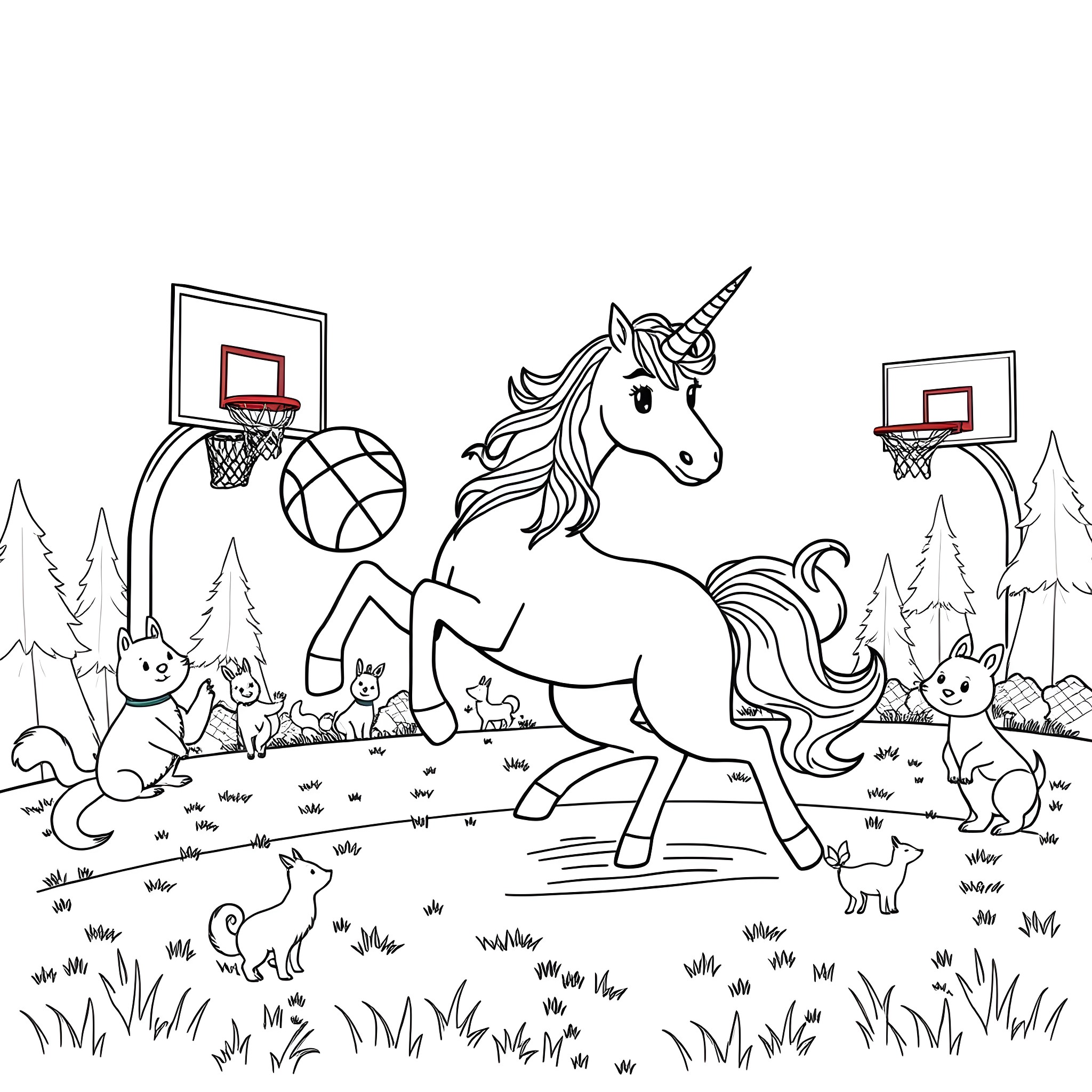 Unicorn Playing Basketball with Woodland Creatures Coloring Page (free black-and-white line drawing printable PDF for all, from beginners to advanced learners, including children, teens, adults, and seniors)
