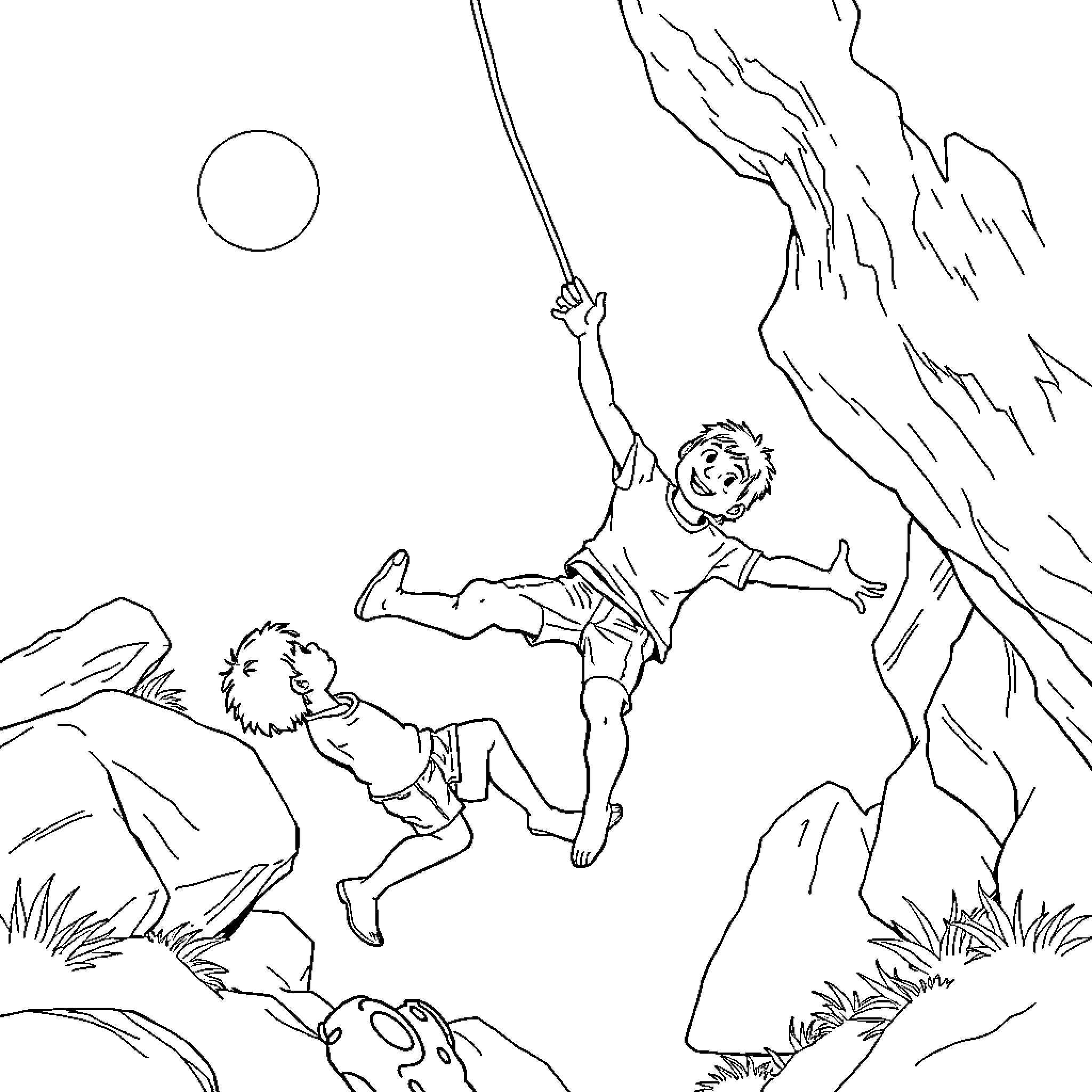 Mono figures scaling rocky cliffs Coloring Page (free black-and-white line drawing printable PDF for all, from beginners to advanced learners, including children, teens, adults, and seniors)