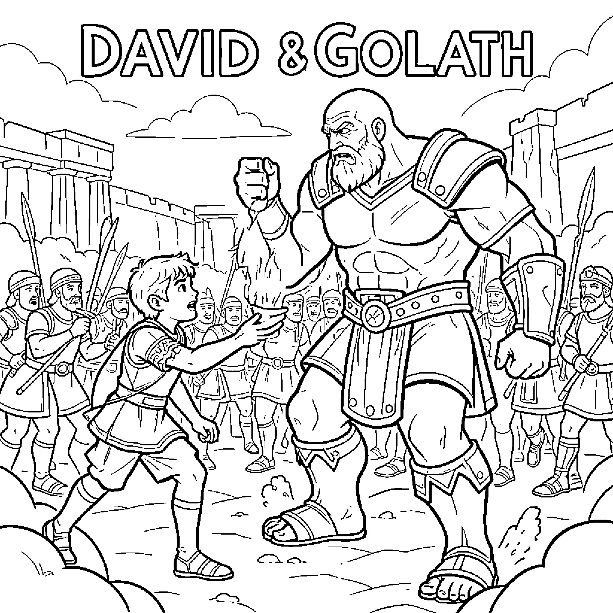 David and Goliath facing each other in a battle scene Coloring Page (free black-and-white line drawing printable PDF for all, from beginners to advanced learners, including children, teens, adults, and seniors)