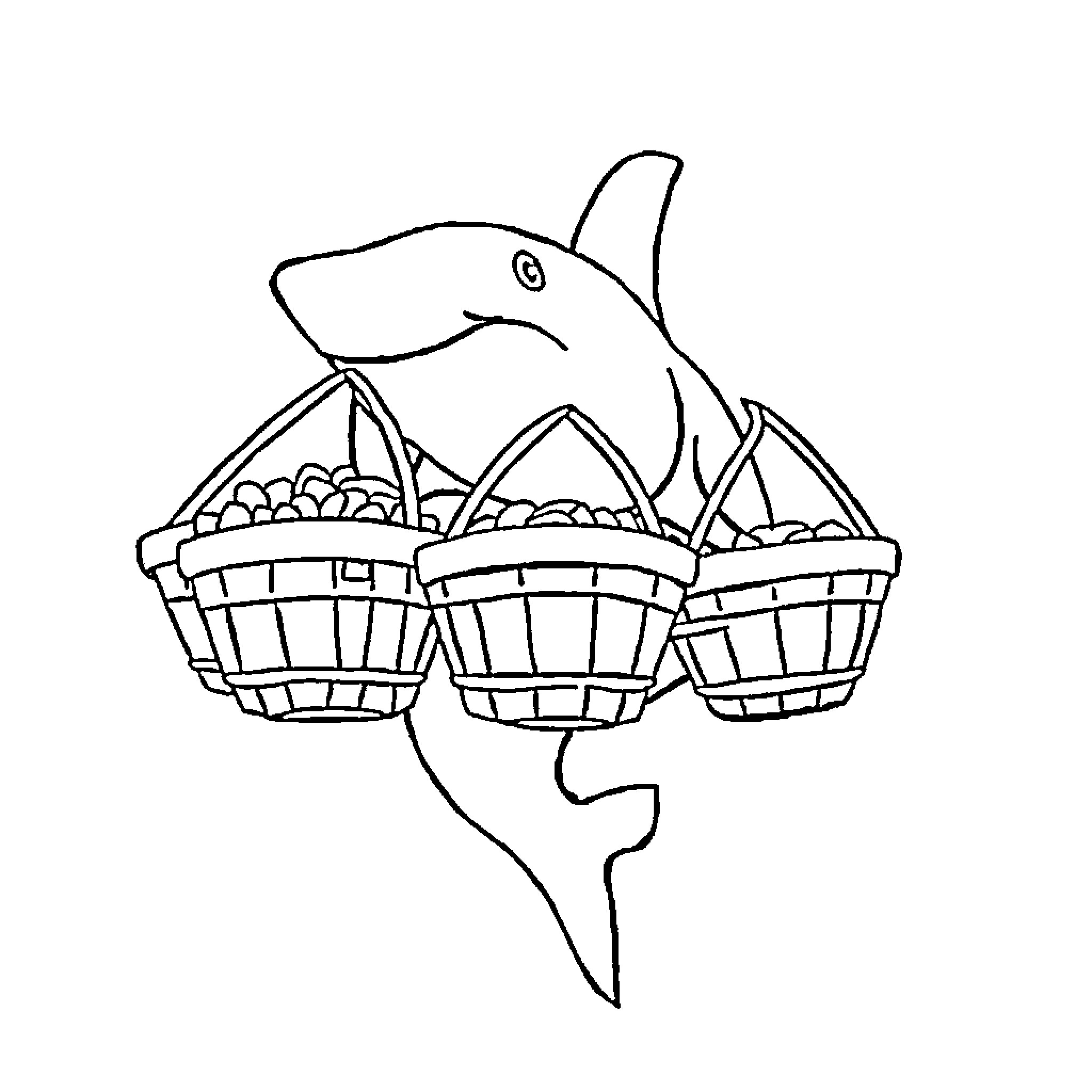 Shark carrying baskets of objects Coloring Page (free black-and-white line drawing printable PDF for all, from beginners to advanced learners, including children, teens, adults, and seniors)