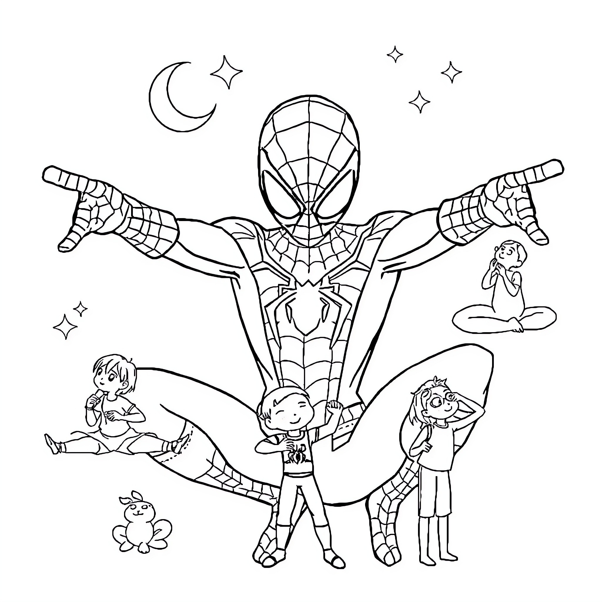Spiderman assisting and protecting children Coloring Page (free black-and-white line drawing printable PDF for all, from beginners to advanced learners, including children, teens, adults, and seniors)