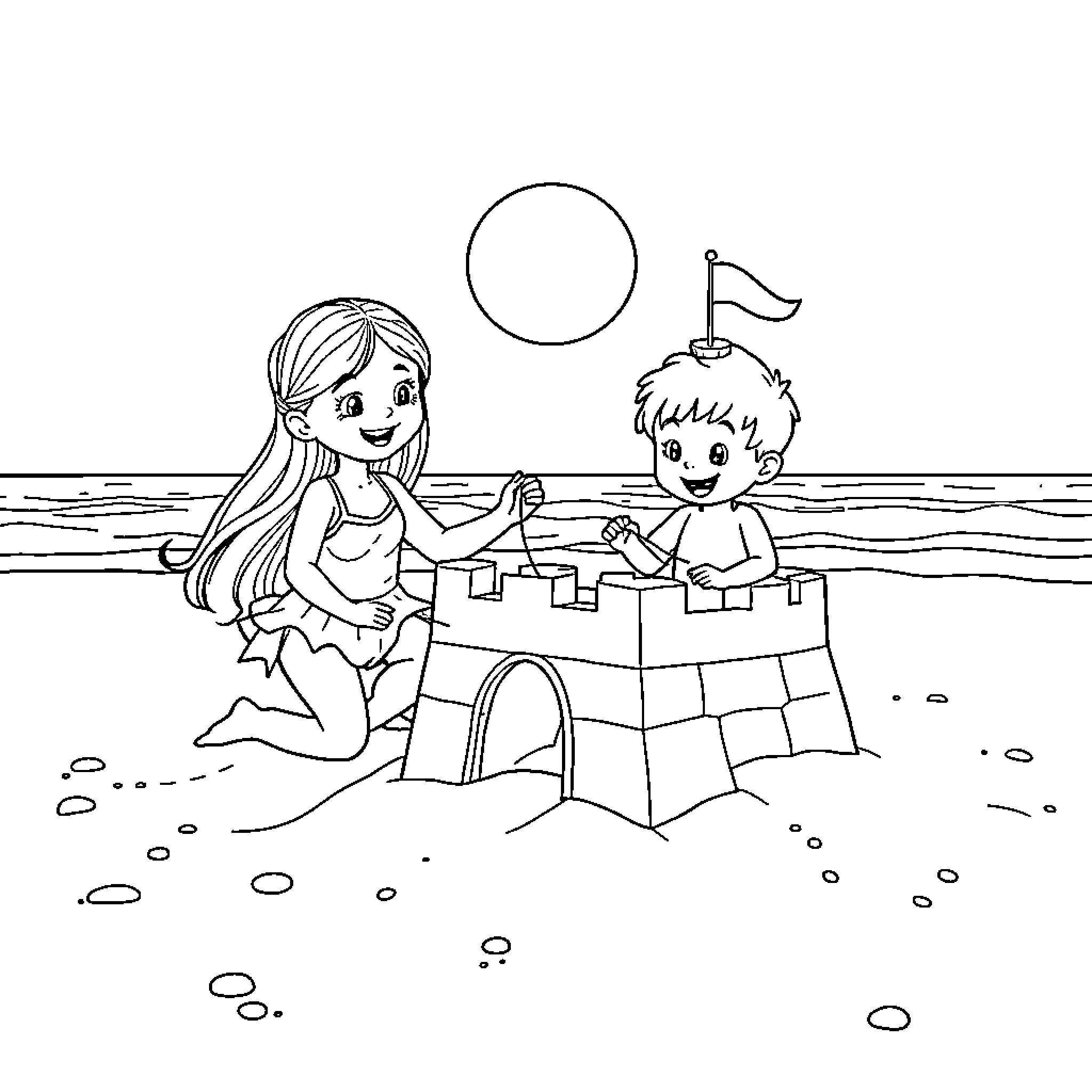 Child playing with friend at the beach Coloring Page (free black-and-white line drawing printable PDF for all, from beginners to advanced learners, including children, teens, adults, and seniors)