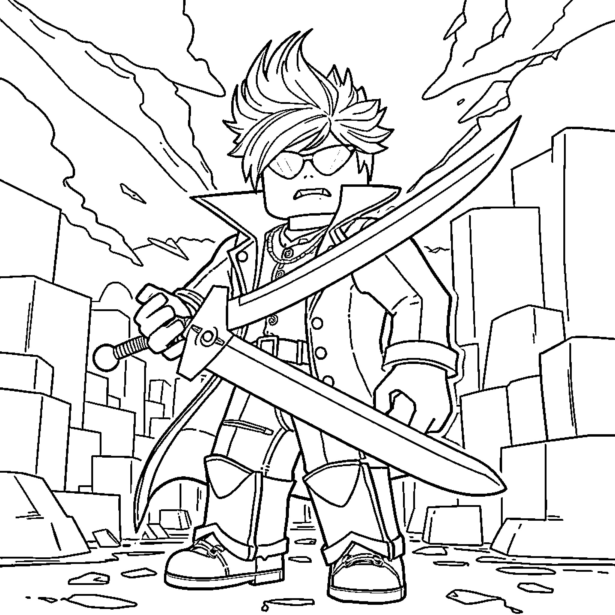 Dante's Heroic Stance in a Damaged City Landscape Coloring Page (free black-and-white line drawing printable PDF for all, from beginners to advanced learners, including children, teens, adults, and seniors)