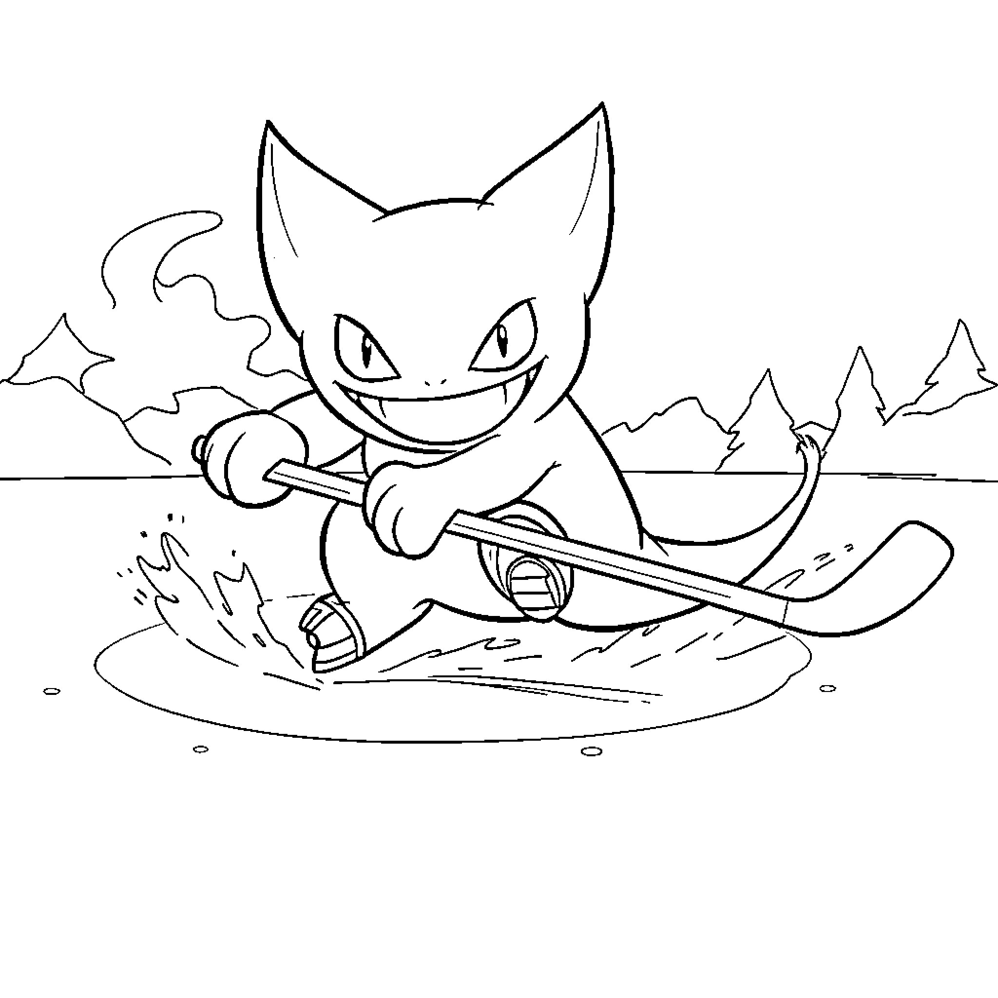 Gengar playing hockey on ice rink Coloring Page (free black-and-white line drawing printable PDF for all, from beginners to advanced learners, including children, teens, adults, and seniors)