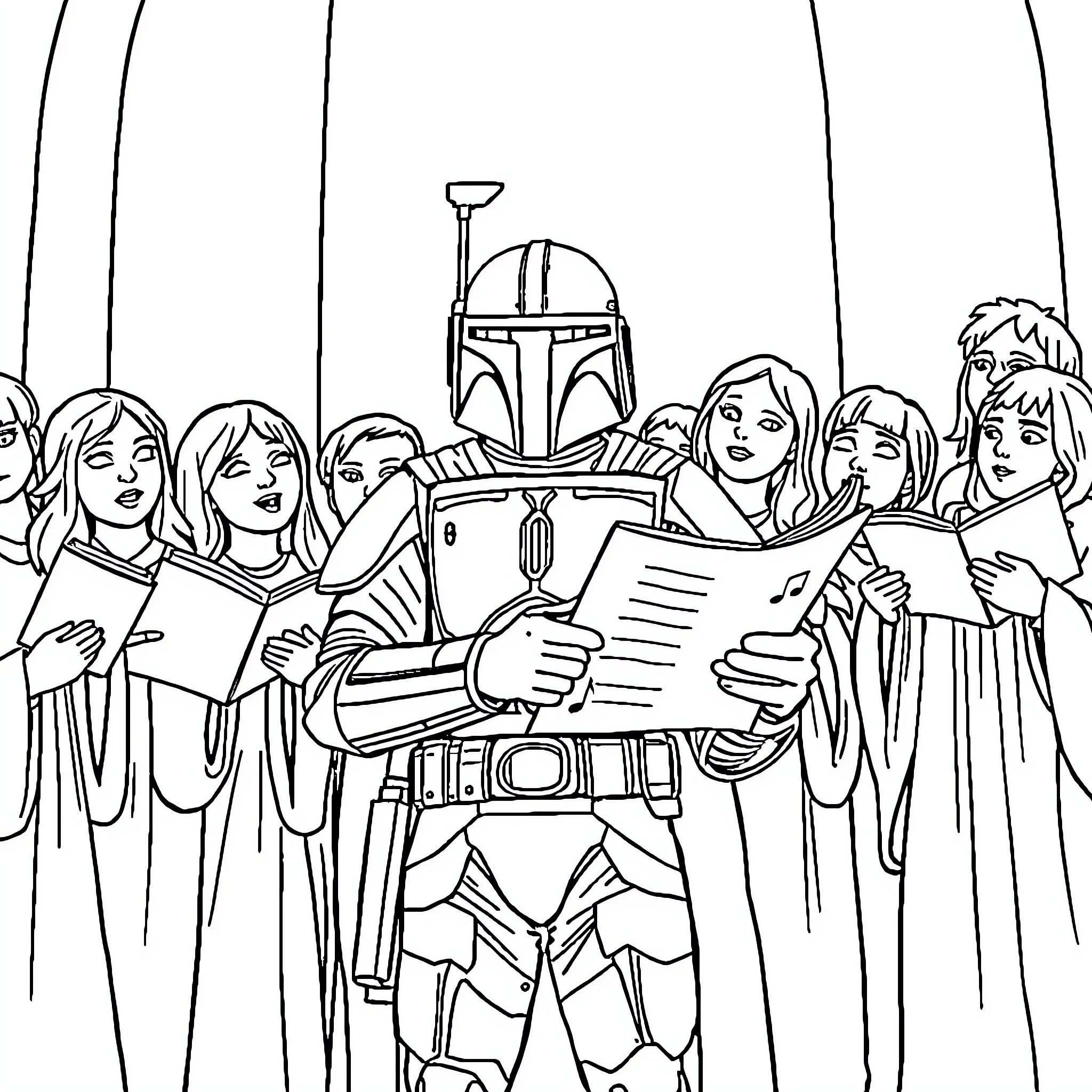 Boba Fett leading a group of hooded figures Coloring Page (free black-and-white line drawing printable PDF for all, from beginners to advanced learners, including children, teens, adults, and seniors)
