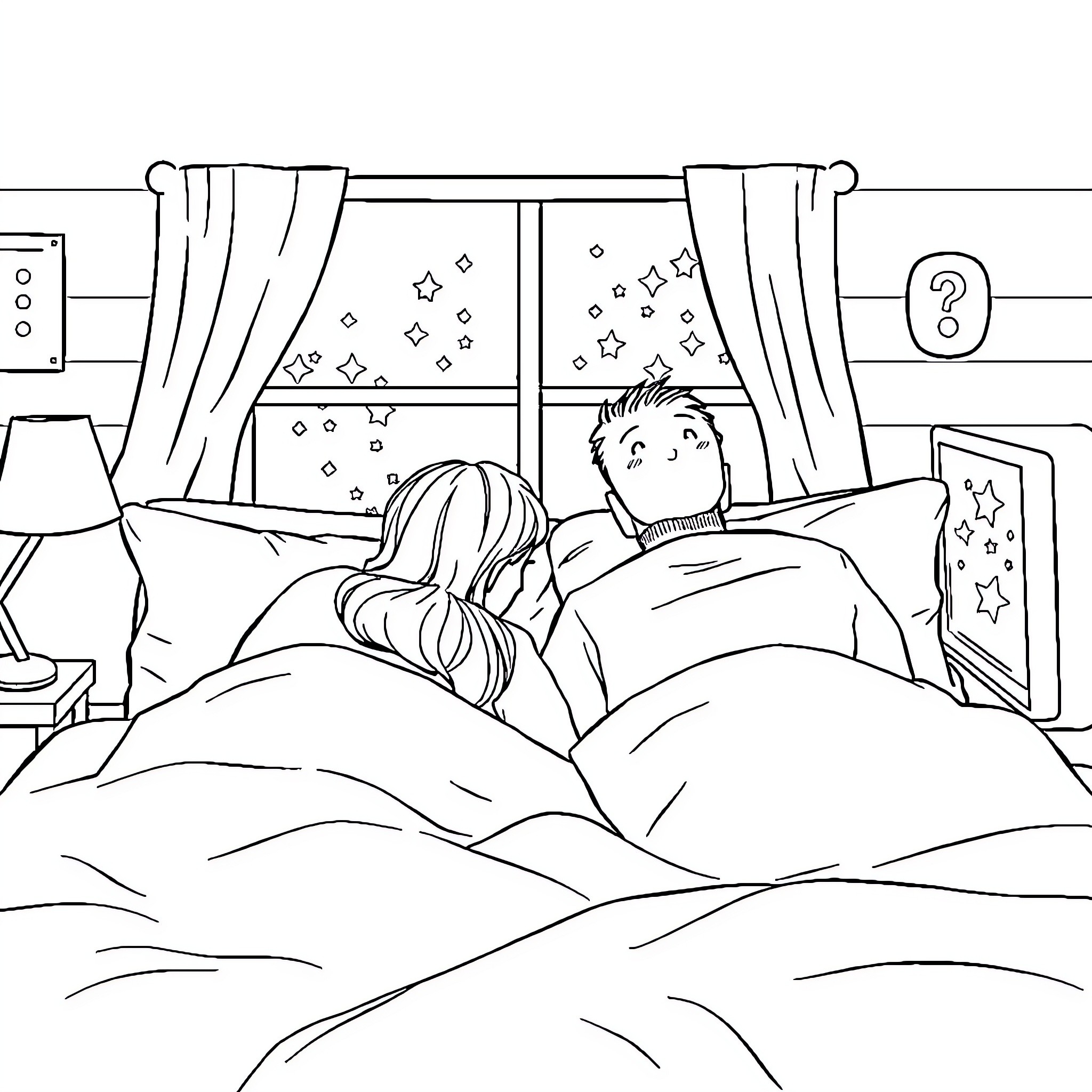 Couple relaxing together in bed at night Coloring Page (free black-and-white line drawing printable PDF for all, from beginners to advanced learners, including children, teens, adults, and seniors)