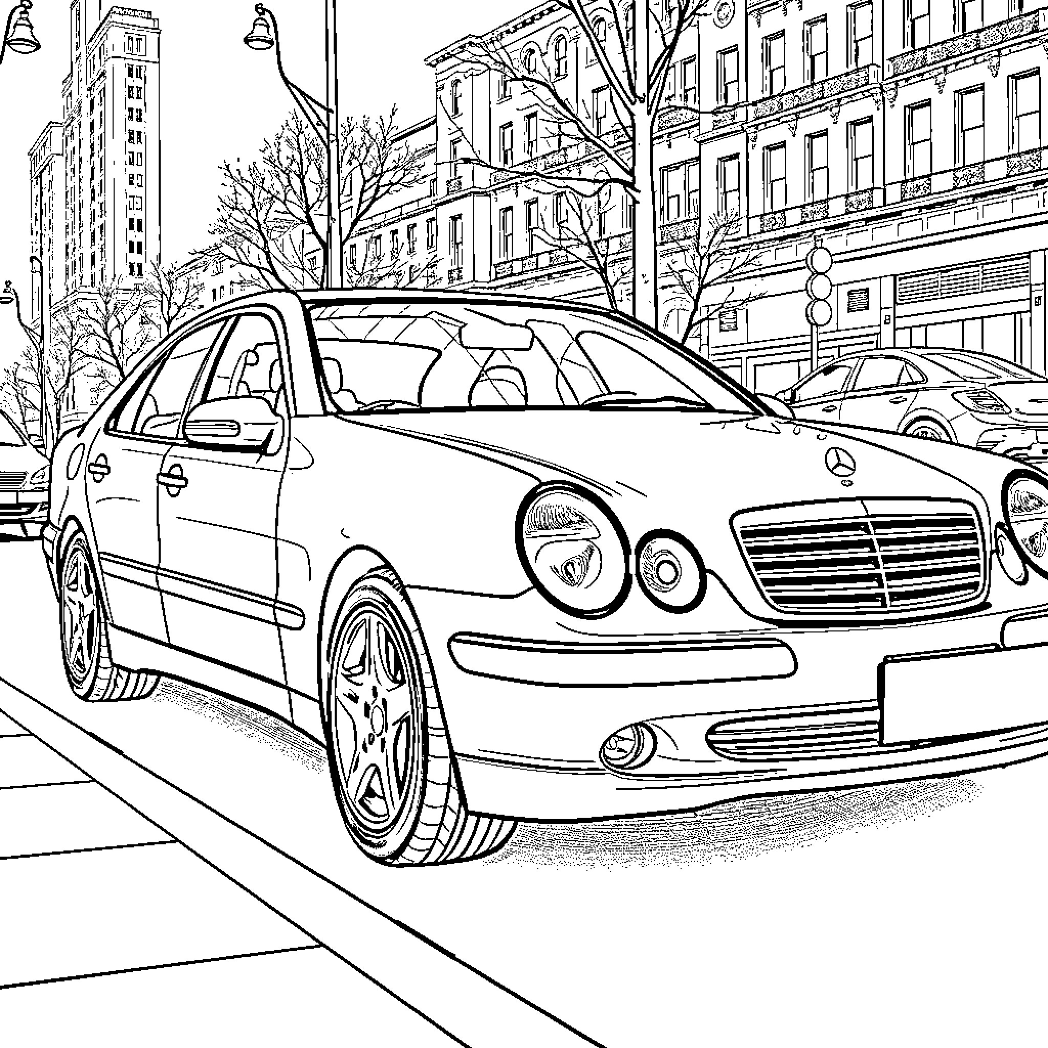 Mercedes luxury cars on urban city street Coloring Page (free black-and-white line drawing printable PDF for all, from beginners to advanced learners, including children, teens, adults, and seniors)