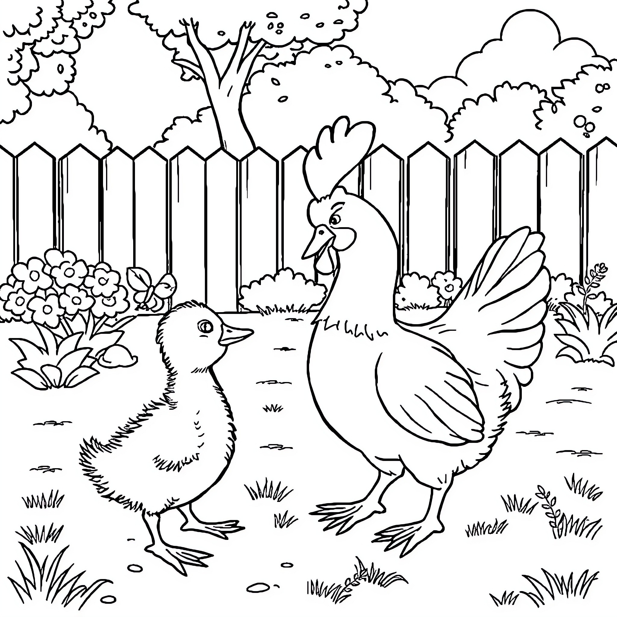 Duck vs Chicken: Playful Encounter in the Yard Coloring Page (free black-and-white line drawing printable PDF for all, from beginners to advanced learners, including children, teens, adults, and seniors)