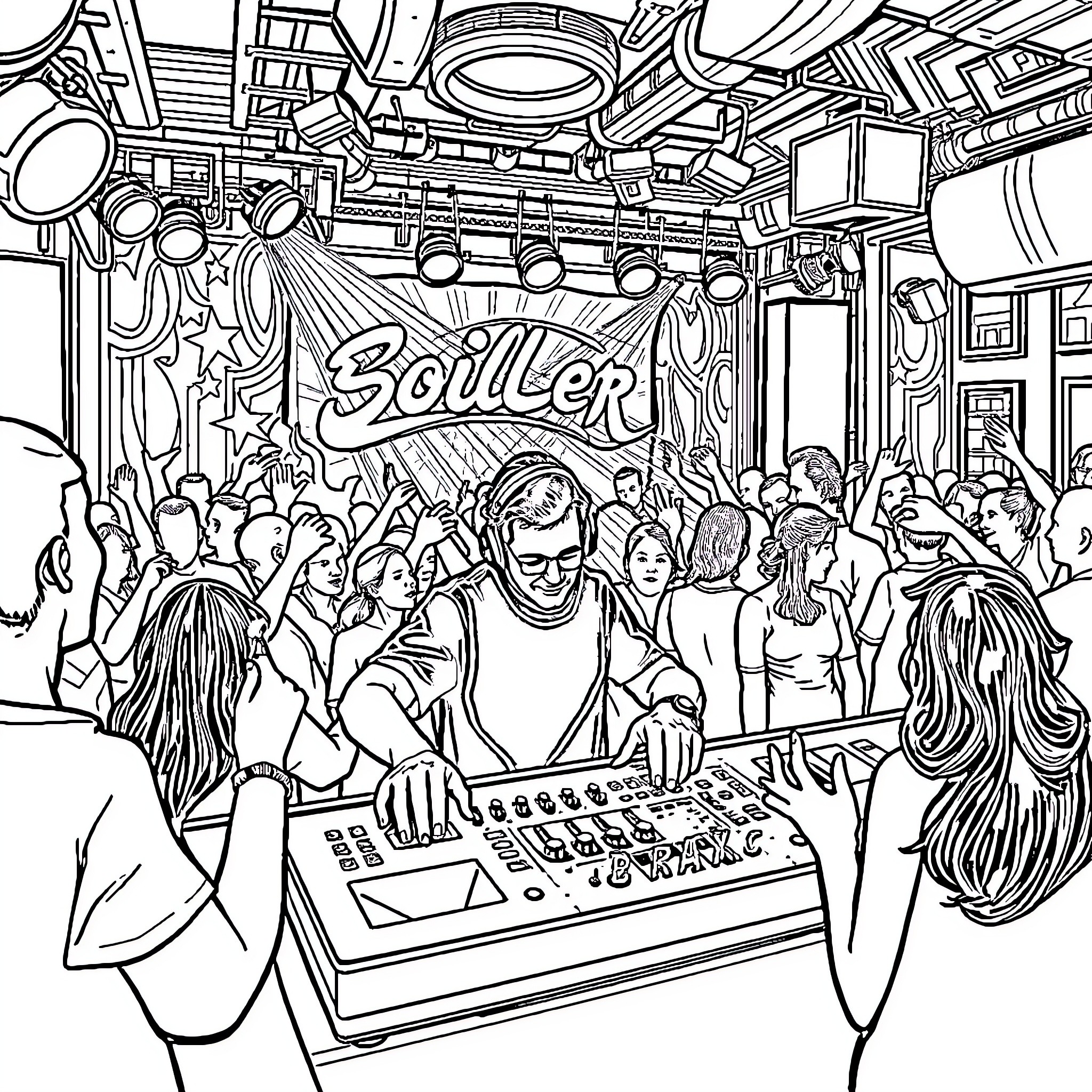 DJ Performing at Lively Music Festival Coloring Page (free black-and-white line drawing printable PDF for all, from beginners to advanced learners, including children, teens, adults, and seniors)