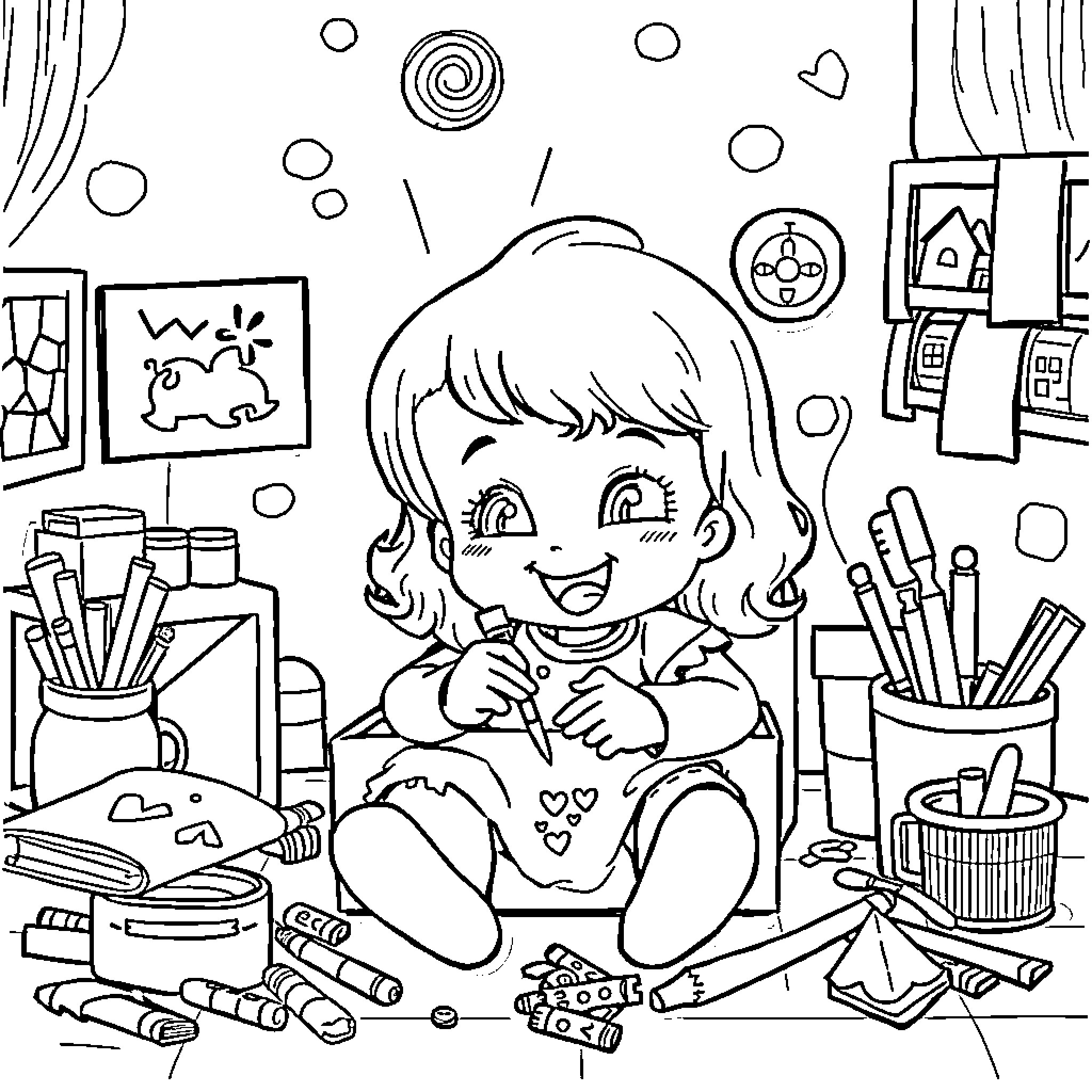 Baby Box Filled with Coloring Tools and Artwork Coloring Page (free black-and-white line drawing printable PDF for all, from beginners to advanced learners, including children, teens, adults, and seniors)