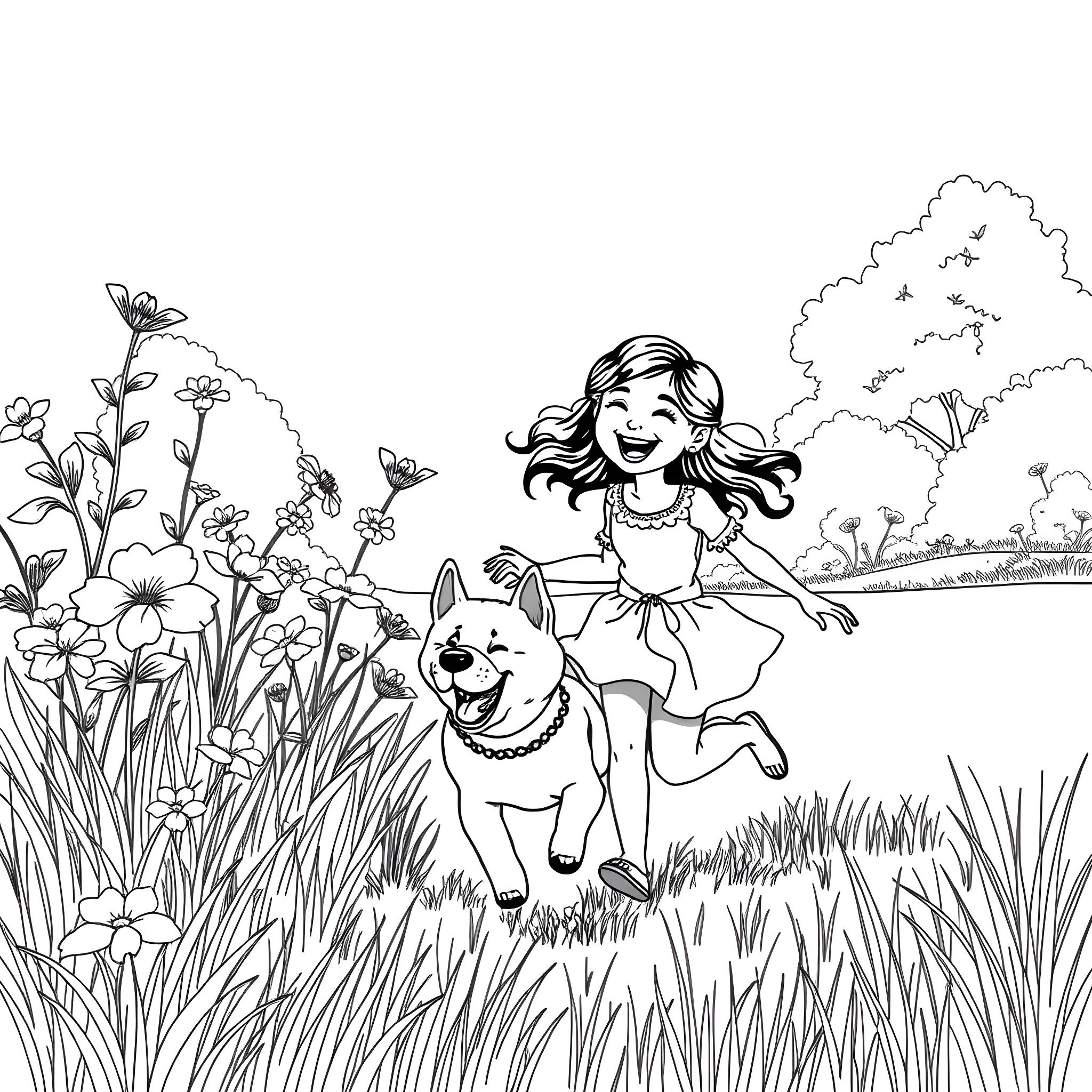 Girl playing with dog in a flower field Coloring Page (free black-and-white line drawing printable PDF for all, from beginners to advanced learners, including children, teens, adults, and seniors)