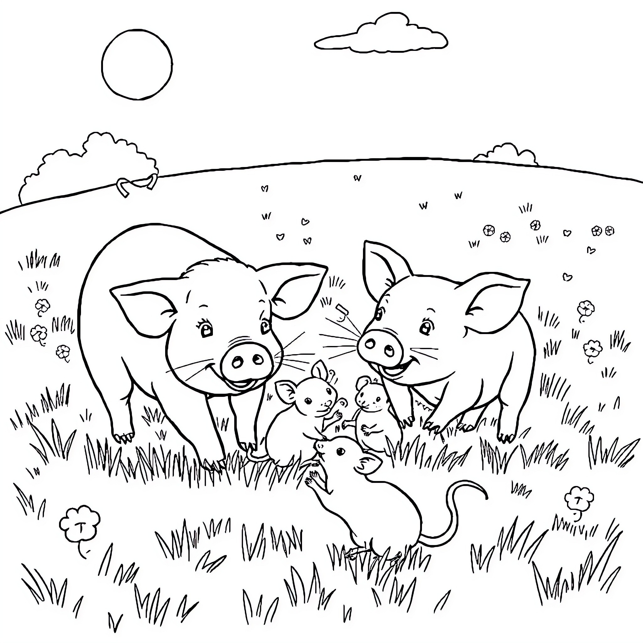 Pig family happily playing in the countryside Coloring Page (free black-and-white line drawing printable PDF for all, from beginners to advanced learners, including children, teens, adults, and seniors)