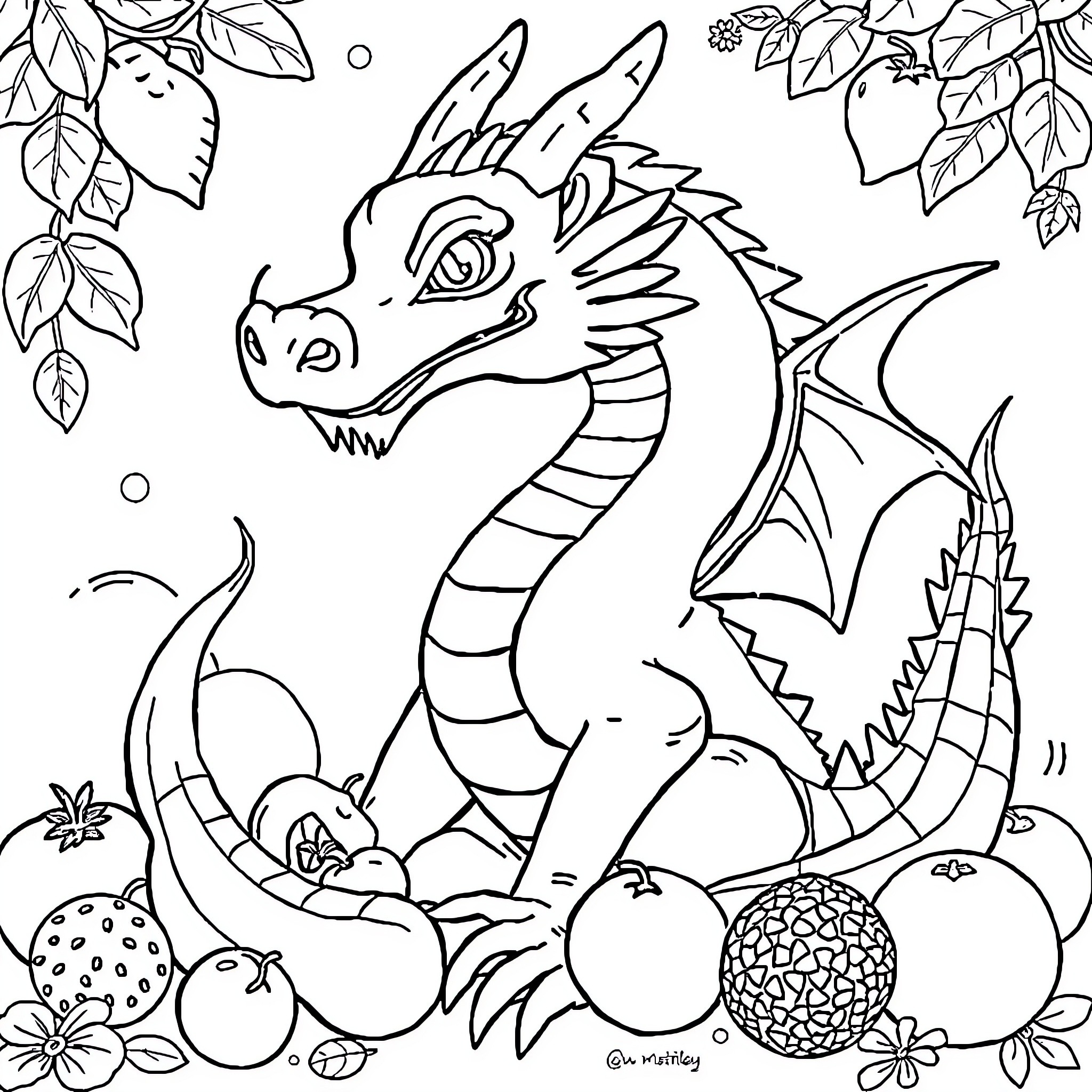 Dragon relaxing in nature's tranquil embrace Coloring Page (free black-and-white line drawing printable PDF for all, from beginners to advanced learners, including children, teens, adults, and seniors)