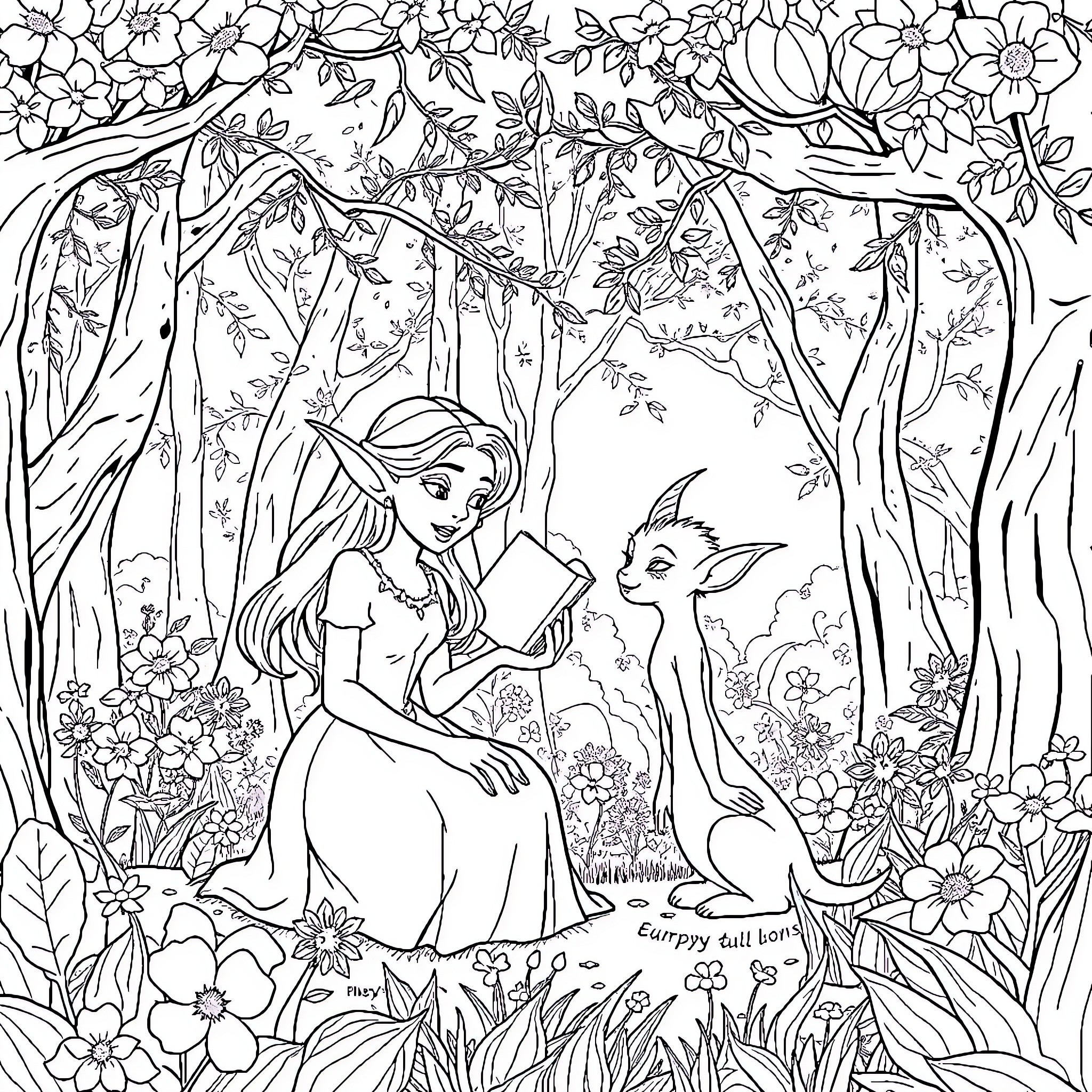 Elf girl reading book in enchanted forest Coloring Page (free black-and-white line drawing printable PDF for all, from beginners to advanced learners, including children, teens, adults, and seniors)