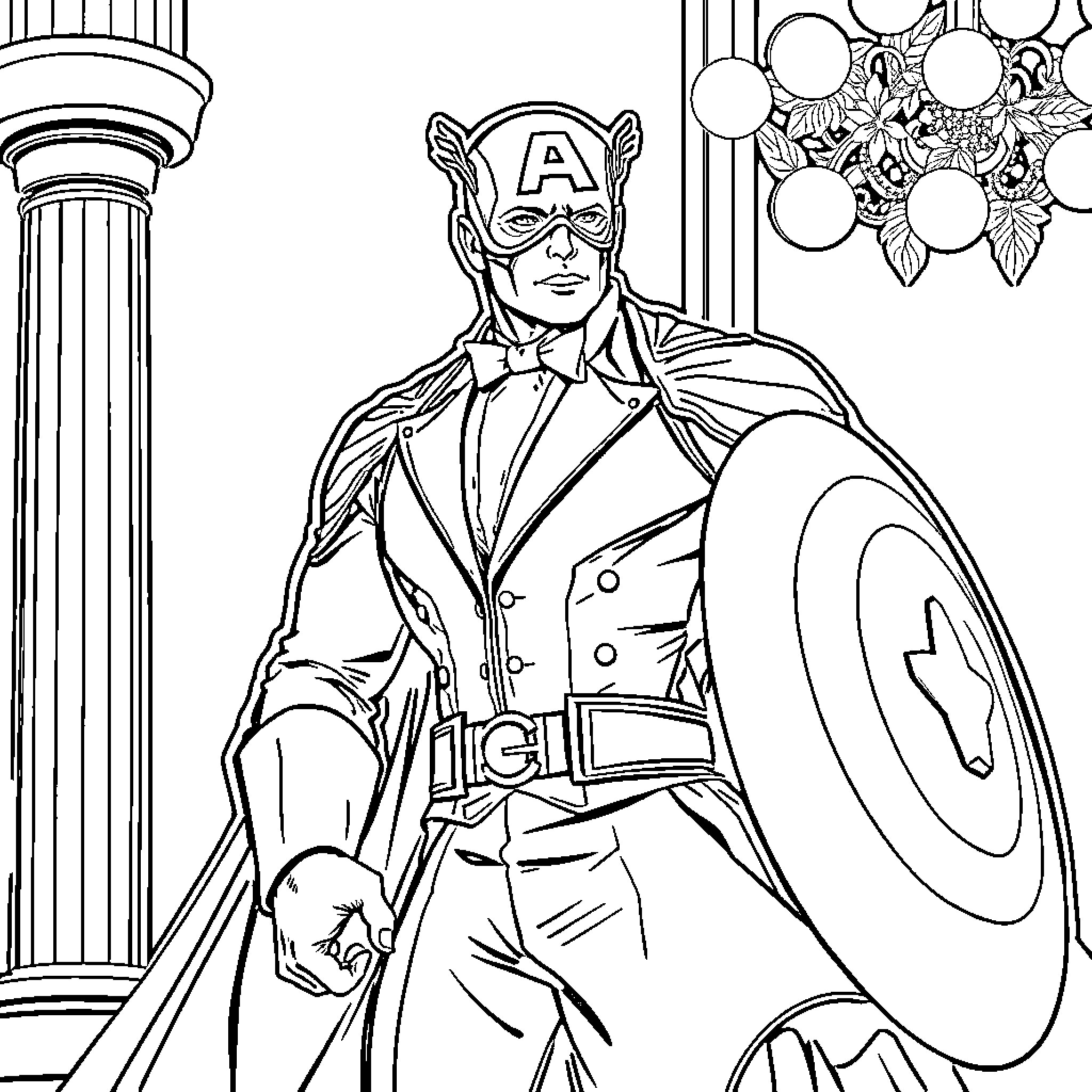 Captain America Stands Resolute in Heroic Pose Coloring Page (free black-and-white line drawing printable PDF for all, from beginners to advanced learners, including children, teens, adults, and seniors)