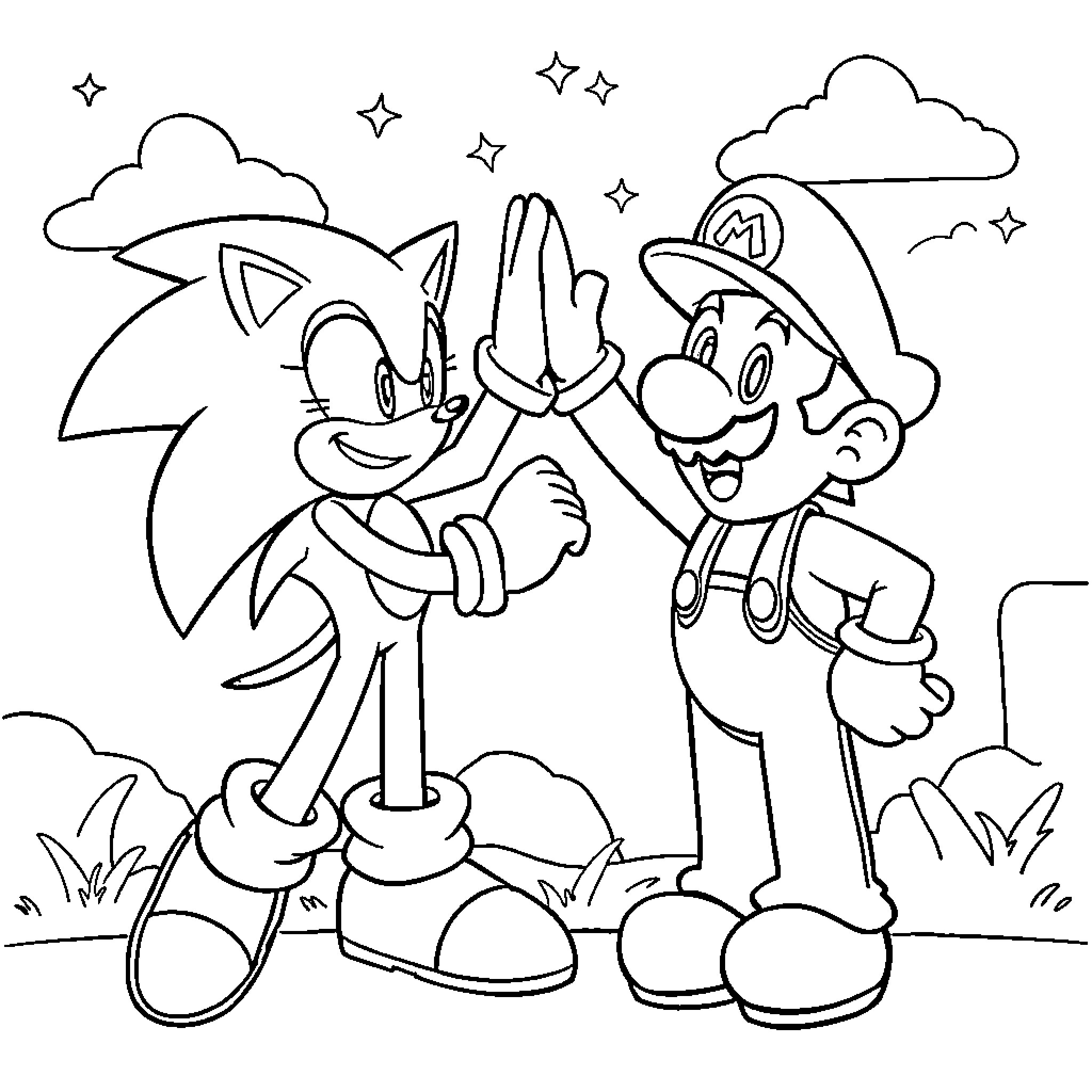 Sonic and Mario high-fiving in a whimsical scene Coloring Page (free black-and-white line drawing printable PDF for all, from beginners to advanced learners, including children, teens, adults, and seniors)