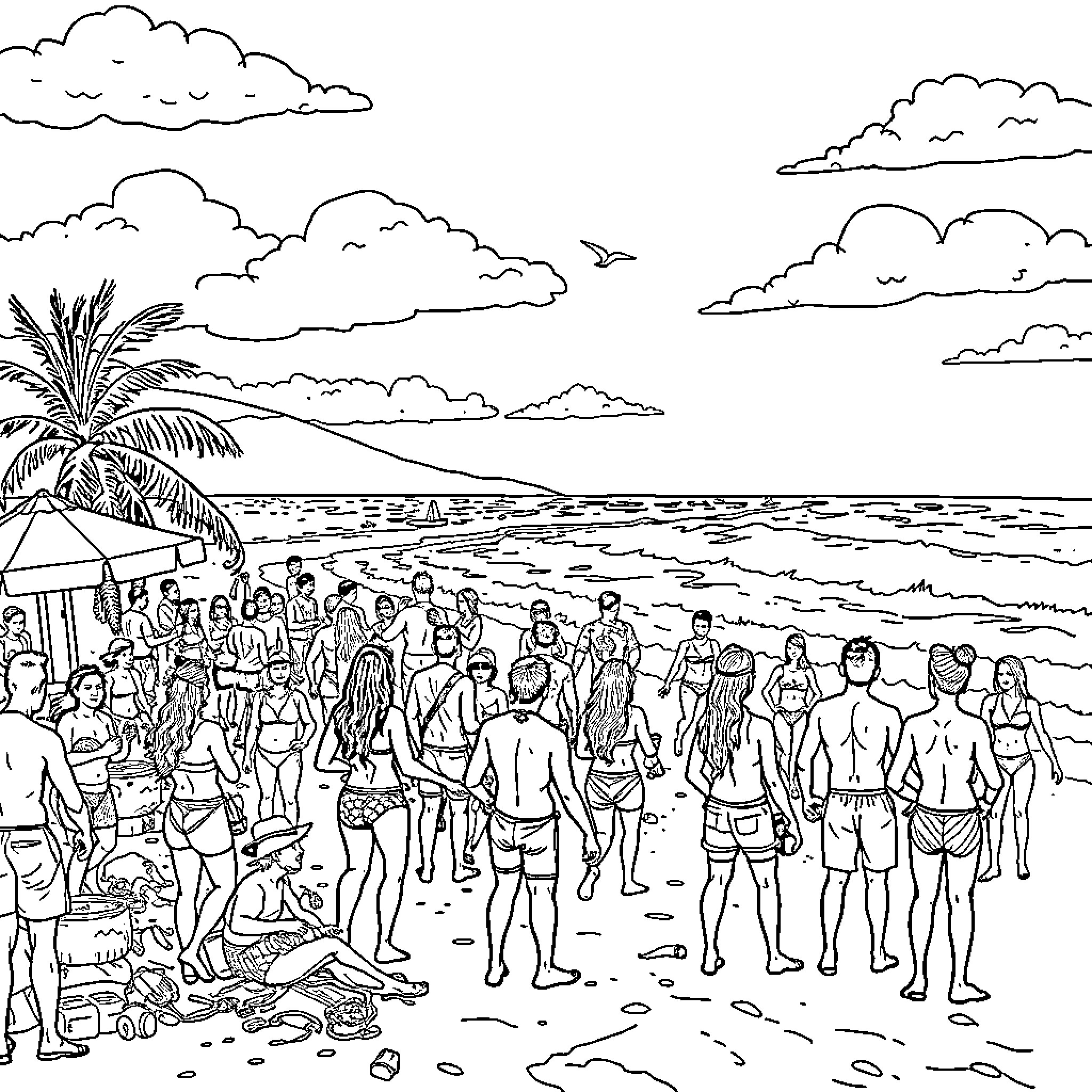 Beach scene with large group of people Coloring Page (free black-and-white line drawing printable PDF for all, from beginners to advanced learners, including children, teens, adults, and seniors)