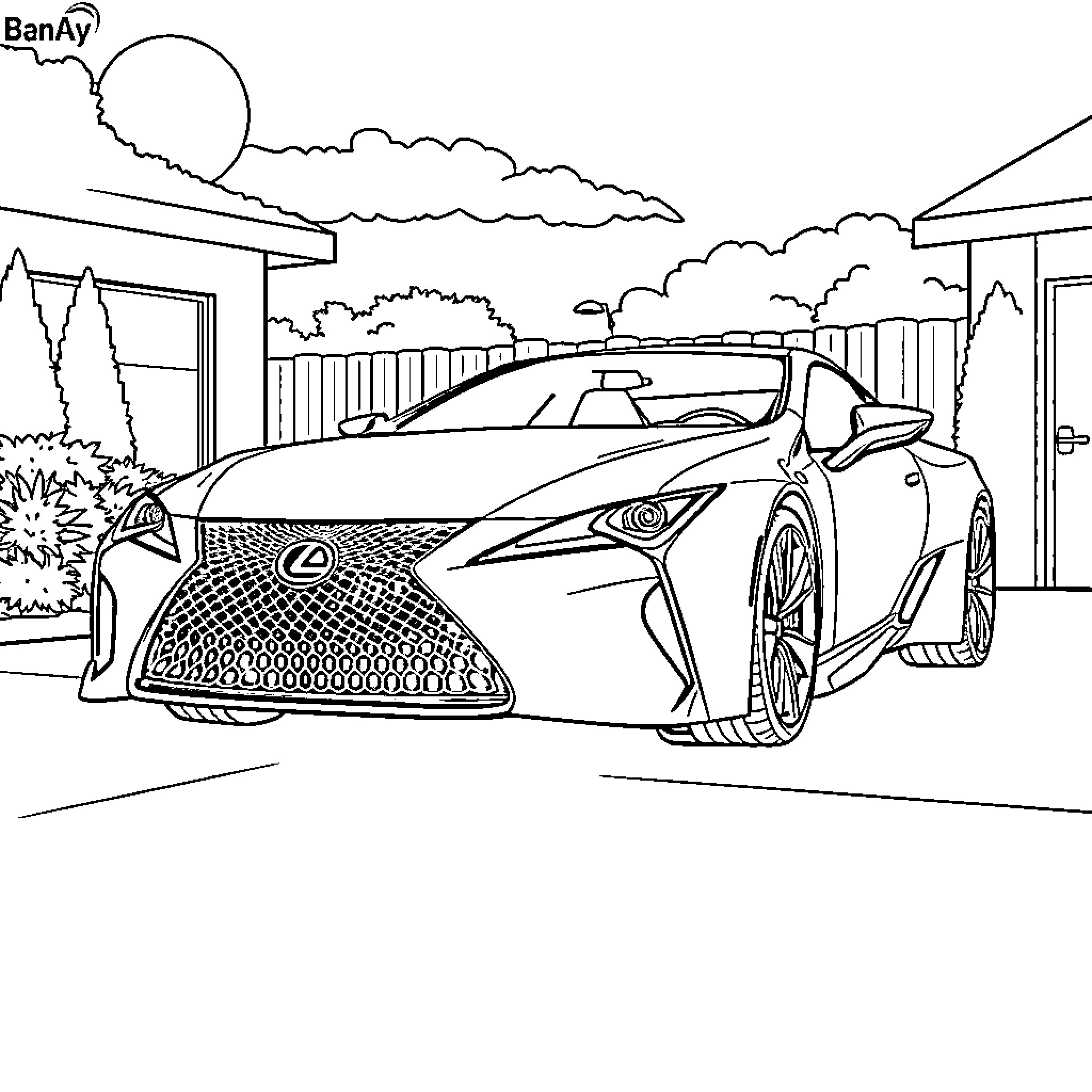 Lexus Sports Car Parked in Residential Neighborhood Coloring Page (free black-and-white line drawing printable PDF for all, from beginners to advanced learners, including children, teens, adults, and seniors)