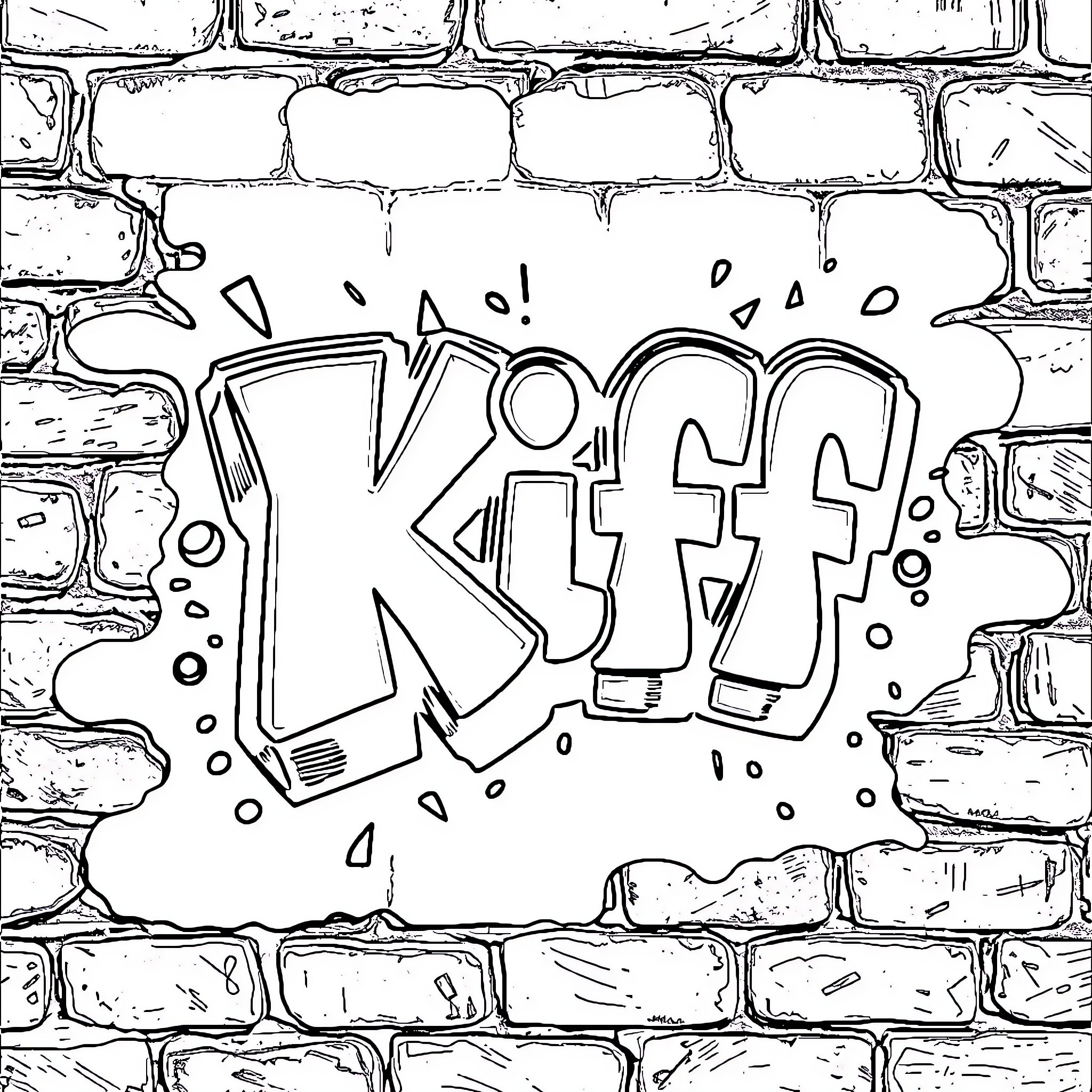 Kiff expressing excitement on brick wall Coloring Page (free black-and-white line drawing printable PDF for all, from beginners to advanced learners, including children, teens, adults, and seniors)