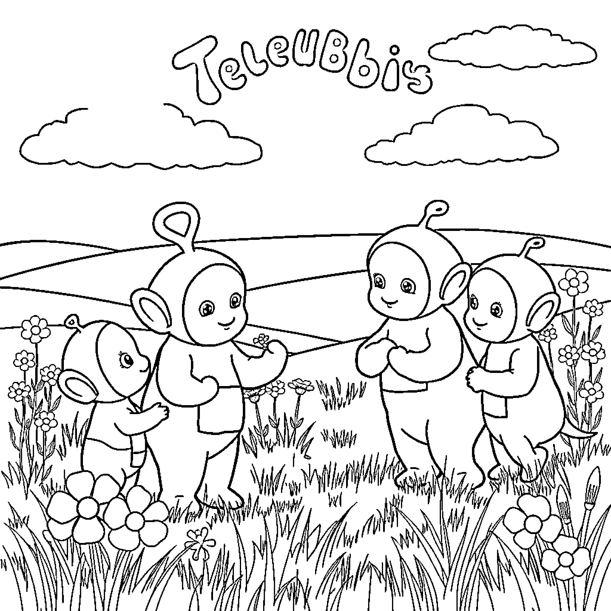 Labubus playing happily in the meadow Coloring Page (free black-and-white line drawing printable PDF for all, from beginners to advanced learners, including children, teens, adults, and seniors)